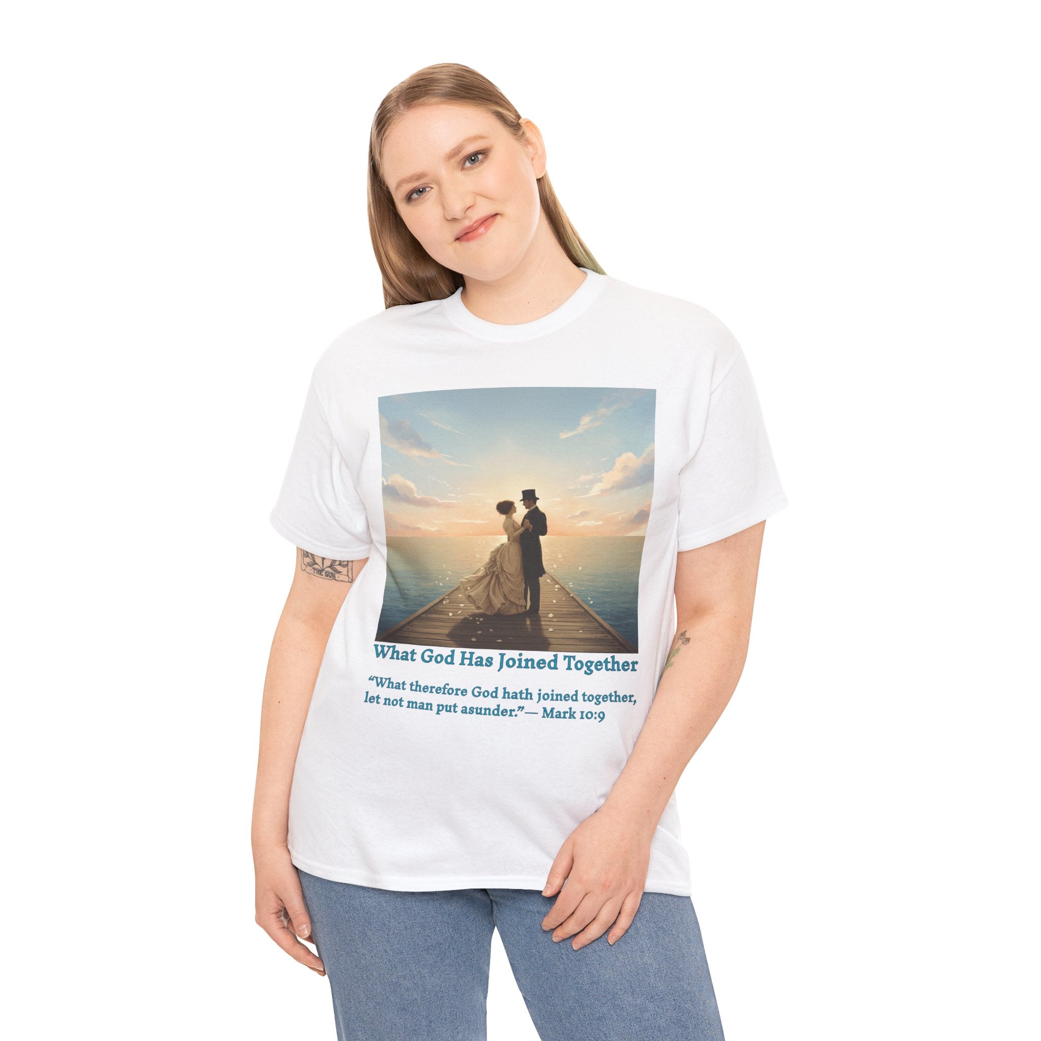 Romantic couple on a pier at sunset — inspired by Jack Vettriano-Wedding Quote T-Shirt, Unisex Heavy Cotton Tee, Casual Wear, Gift for Newlyweds, Bride & Groom Apparel, Anniversary Gift