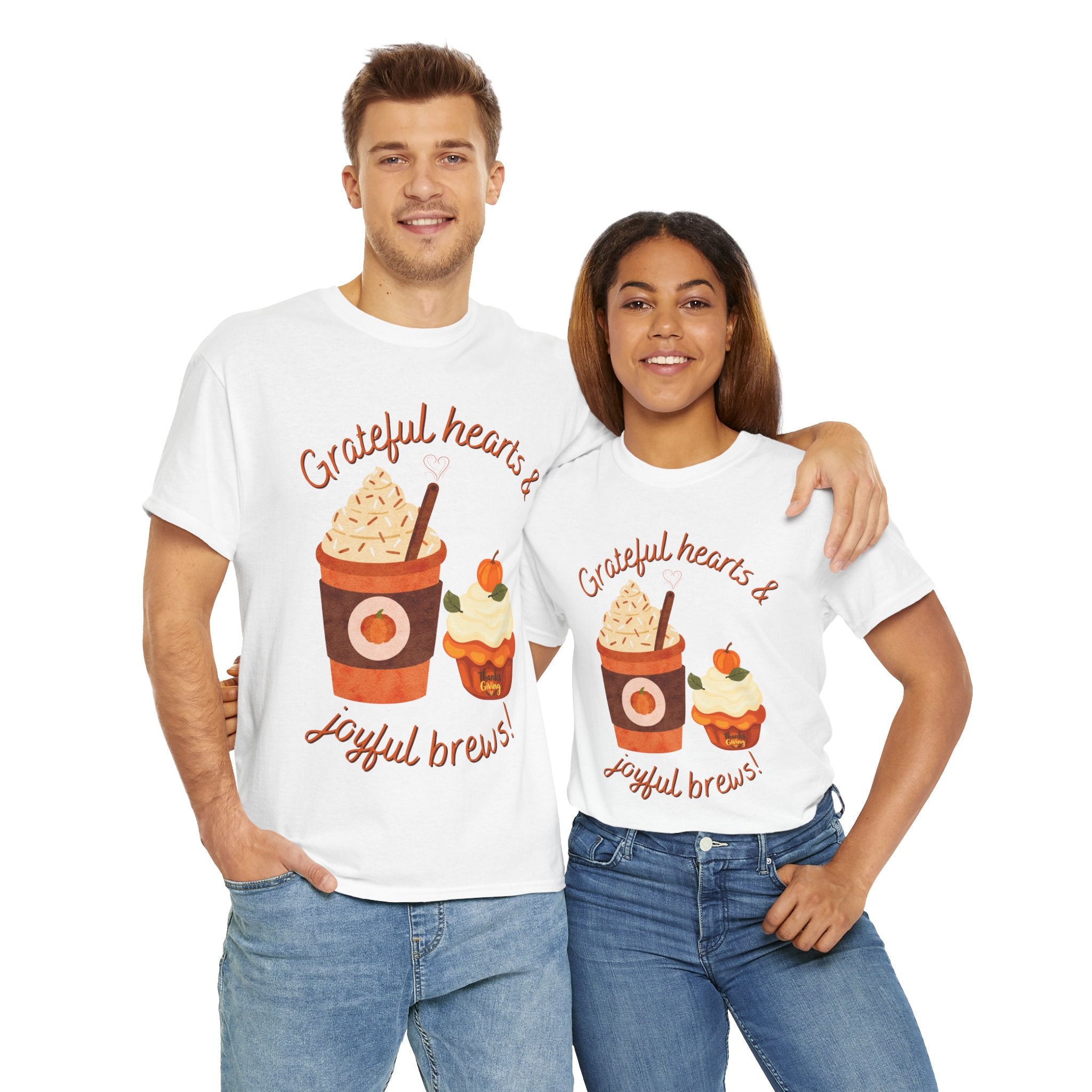 Happy Thanksgiving- Grateful Hearts & Joyful Brews Tee, Unisex Cotton Shirt, Coffee Lovers Gift, Casual Wear, Cute Tee for Celebrations, Fall Fashion