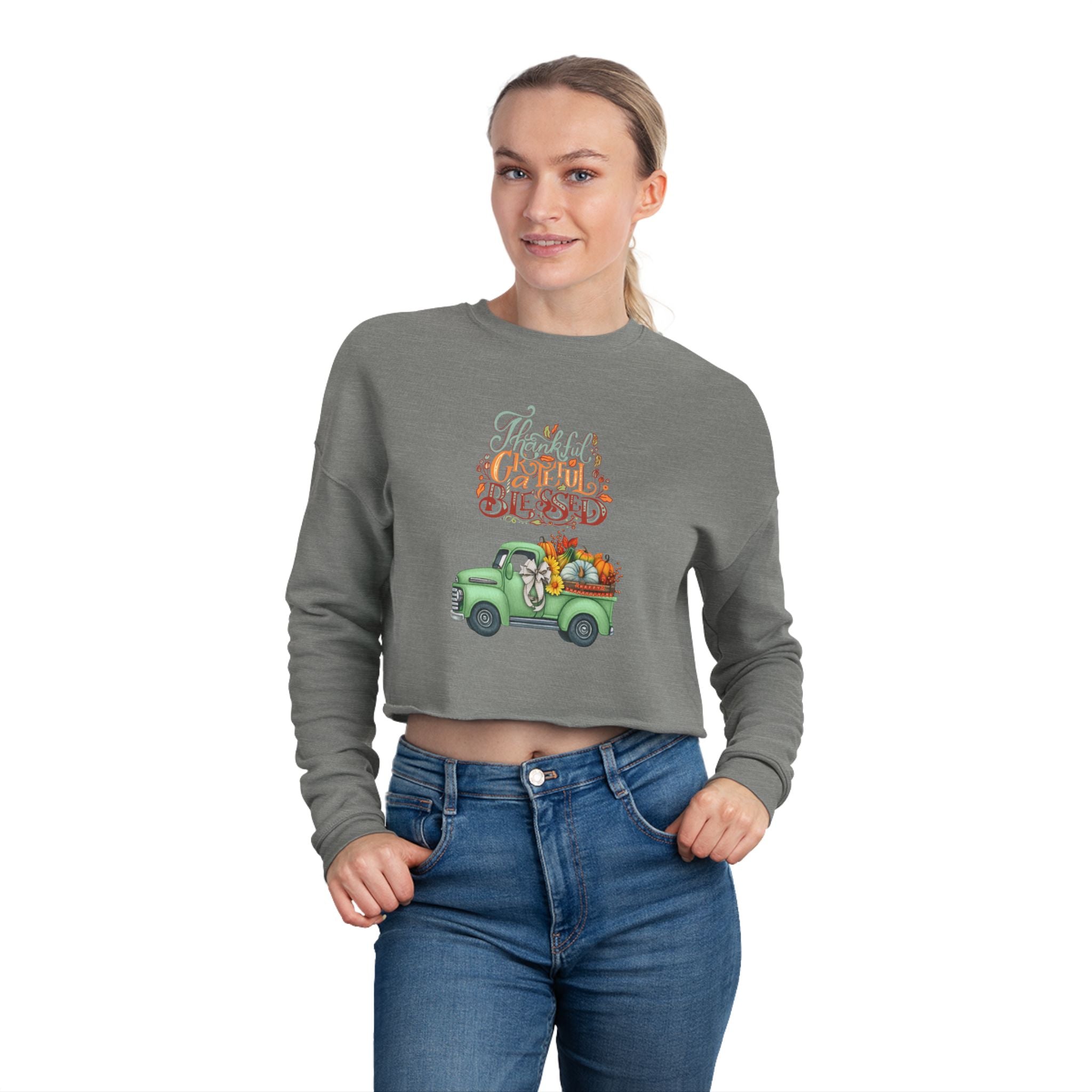Thankful Vibes Cropped Sweatshirt with Pumpkin Truck, Women's Fall Apparel, Cozy Sweatshirt, Holiday Gift, Thanksgiving Outfit (Different design upon request.)