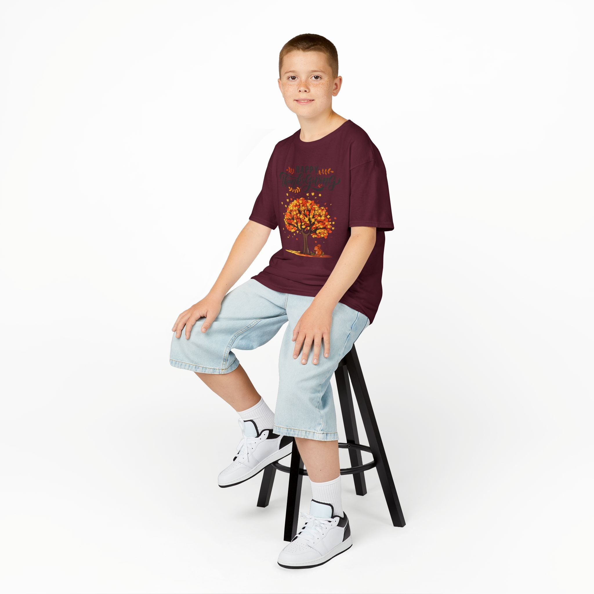 Happy Thanksgiving Kids Tee, Fall T-Shirt, Autumn Apparel, Festive Gift, Holiday Outfit, Tree and Leaves Design