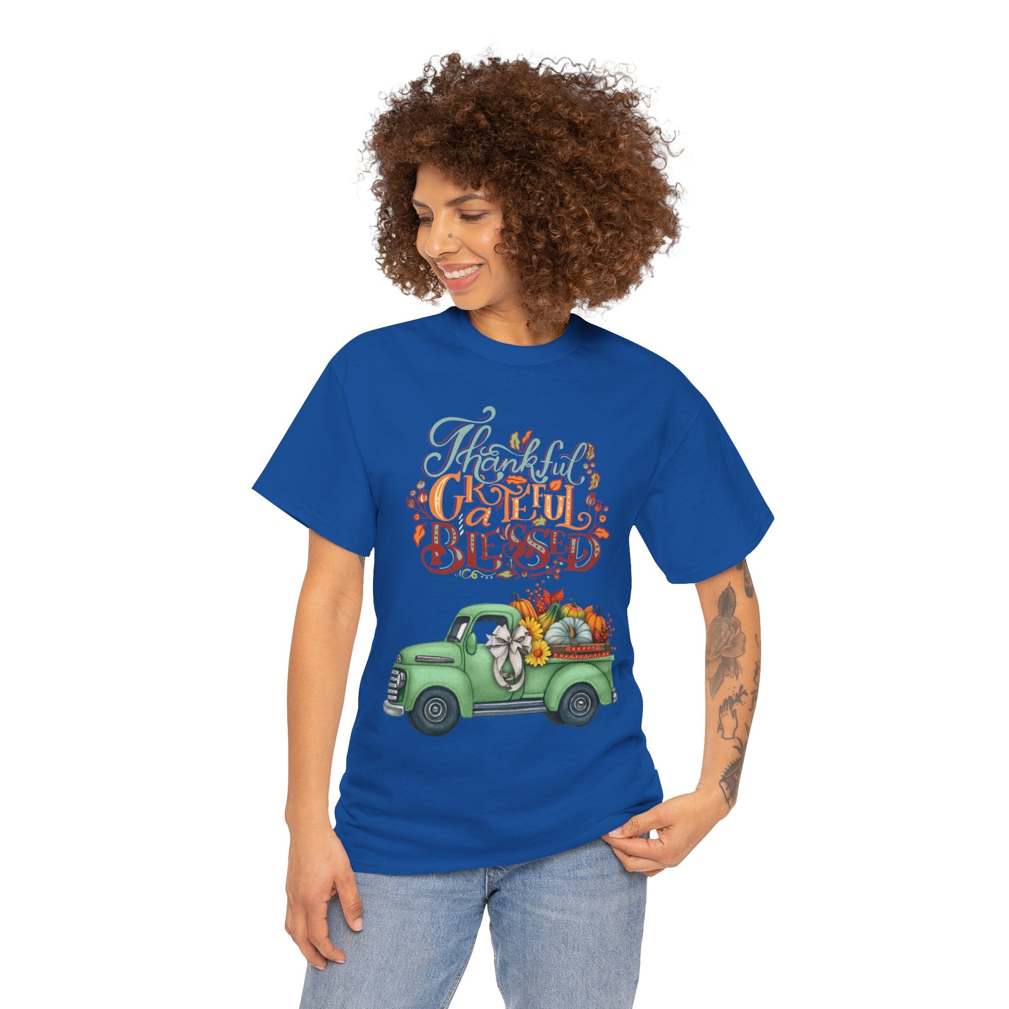Thankful Grateful Blessed Tee, Unisex Heavy Cotton T-Shirt, Fall Apparel, Thanksgiving Shirt, Casual Wear, Gift for Friends