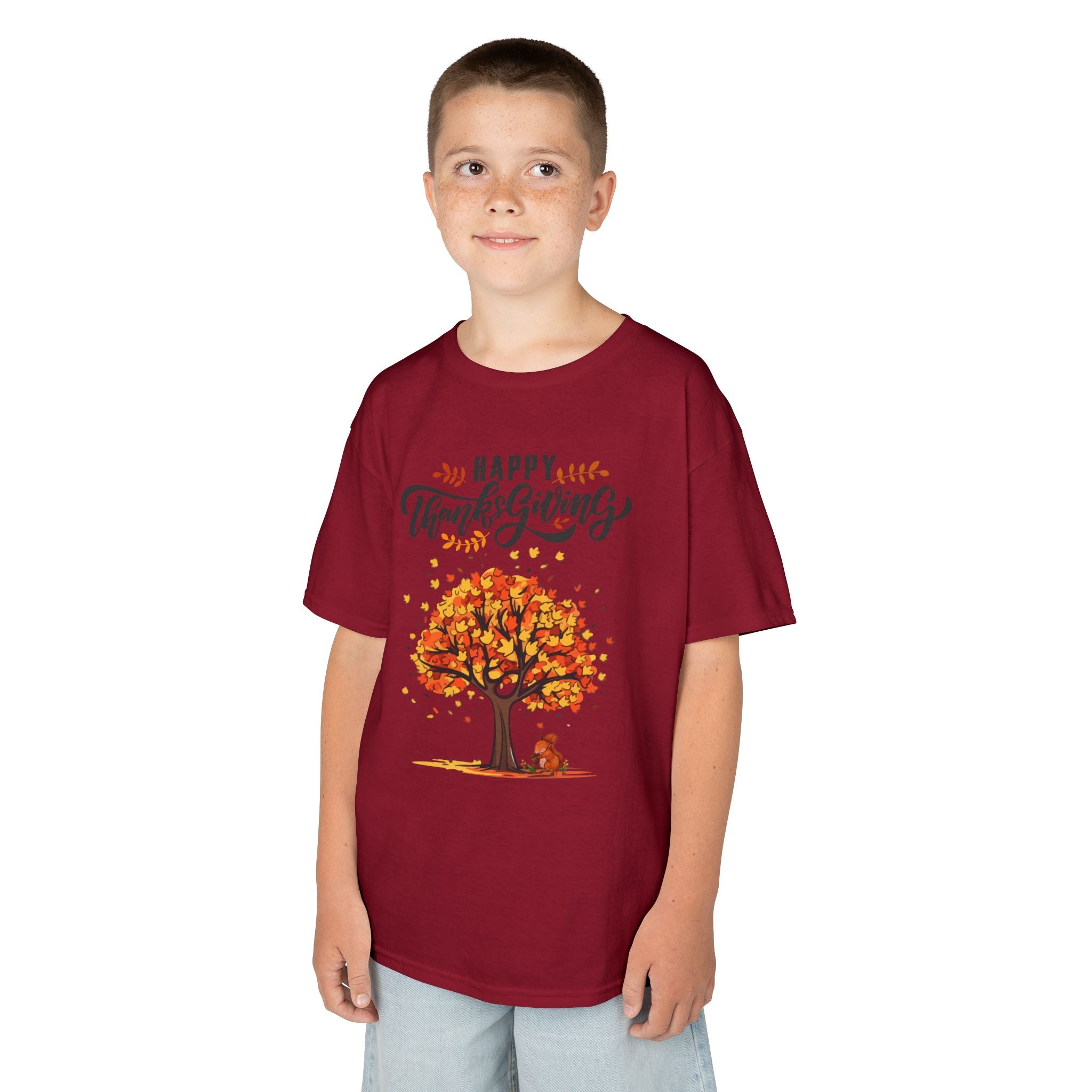 Happy Thanksgiving Kids Tee, Fall T-Shirt, Autumn Apparel, Festive Gift, Holiday Outfit, Tree and Leaves Design