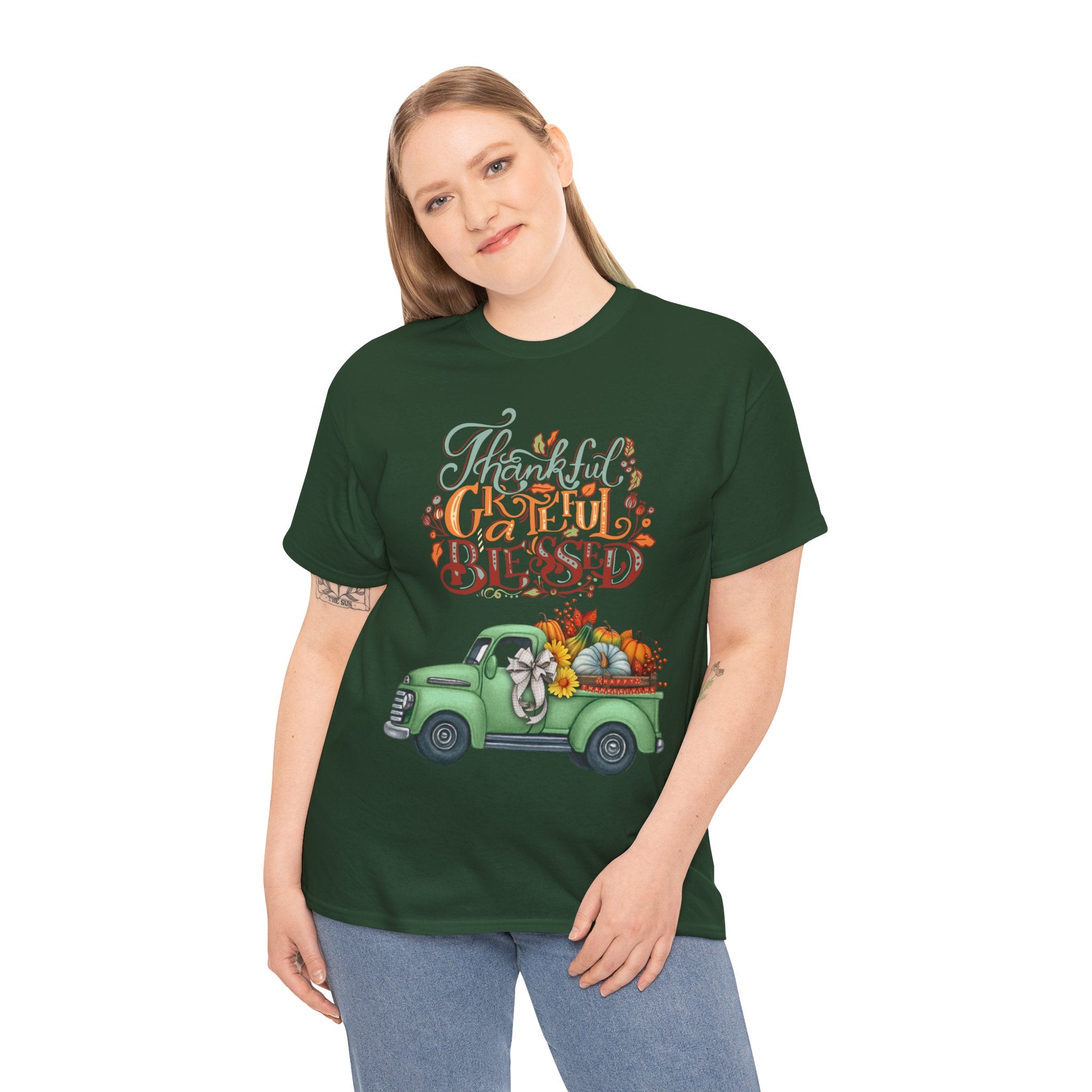 Thankful Grateful Blessed Tee, Unisex Heavy Cotton T-Shirt, Fall Apparel, Thanksgiving Shirt, Casual Wear, Gift for Friends