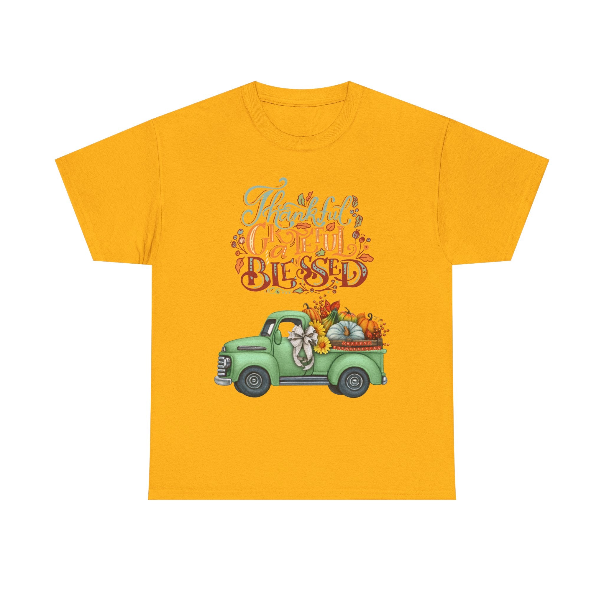 Thankful Grateful Blessed Tee, Unisex Heavy Cotton T-Shirt, Fall Apparel, Thanksgiving Shirt, Casual Wear, Gift for Friends