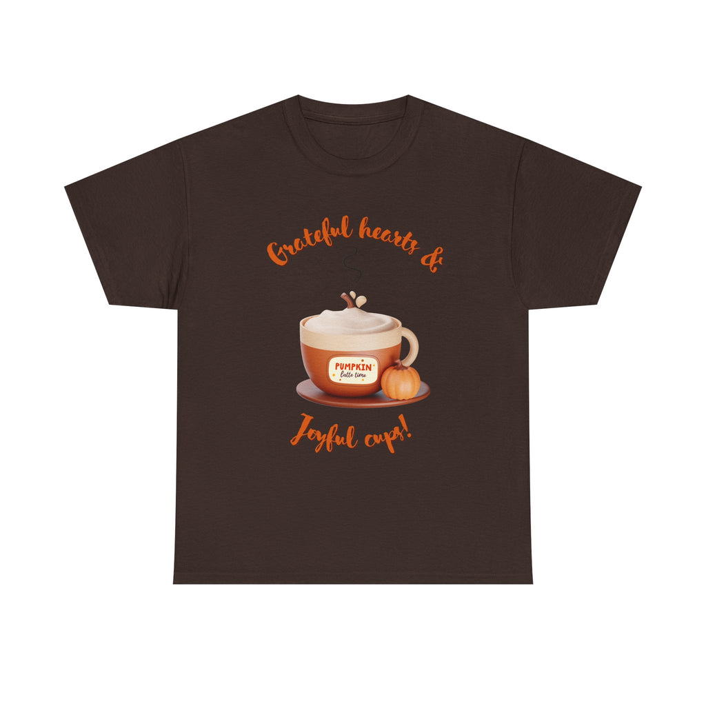 Happy Thanksgiving- Grateful Hearts & Joyful Cups Unisex Tee, Cozy Fall T-Shirt, Thanksgiving Gift, Coffee Lover Apparel, Autumn Fashion