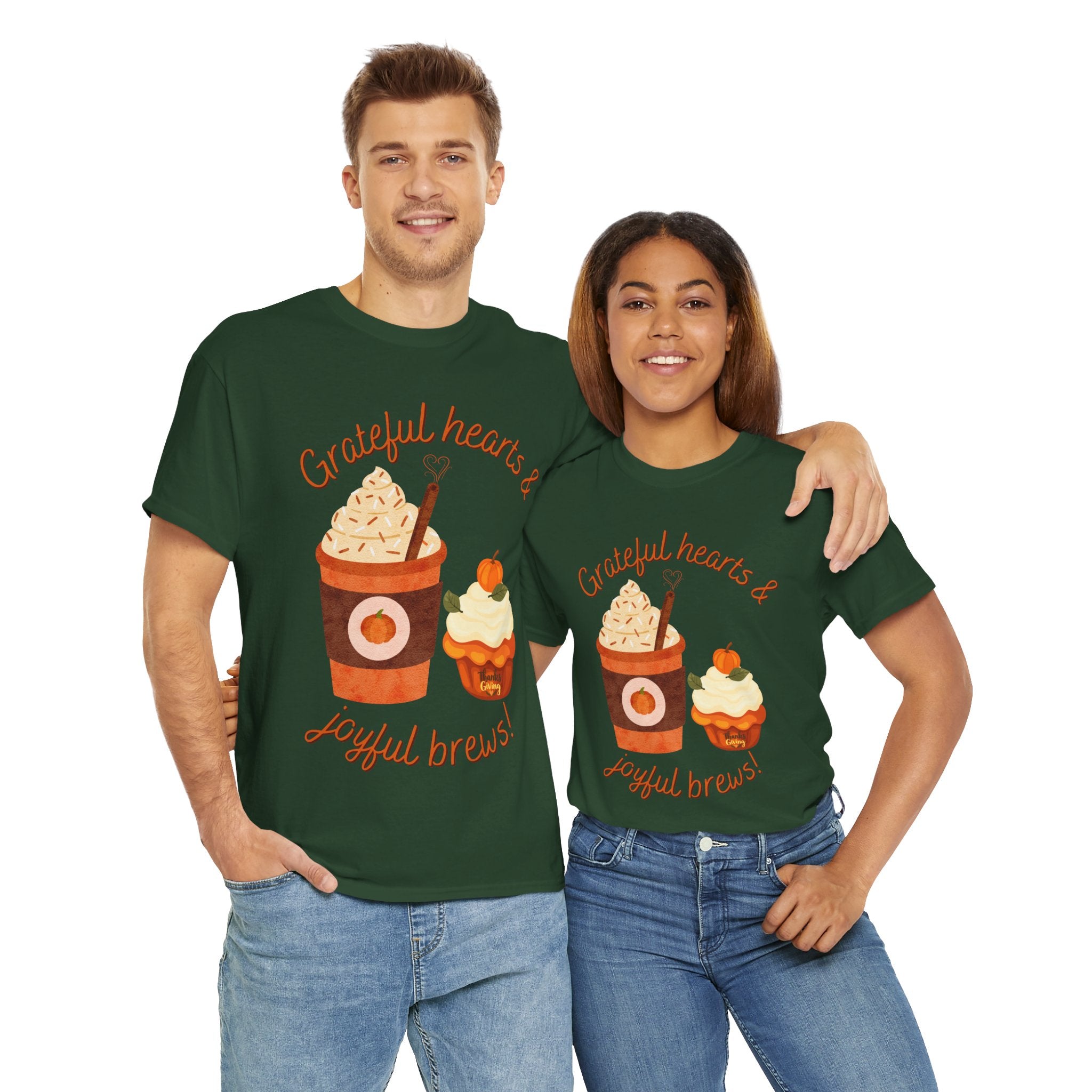 Happy Thanksgiving- Grateful Hearts & Joyful Brews Tee, Unisex Cotton Shirt, Coffee Lovers Gift, Casual Wear, Cute Tee for Celebrations, Fall Fashion