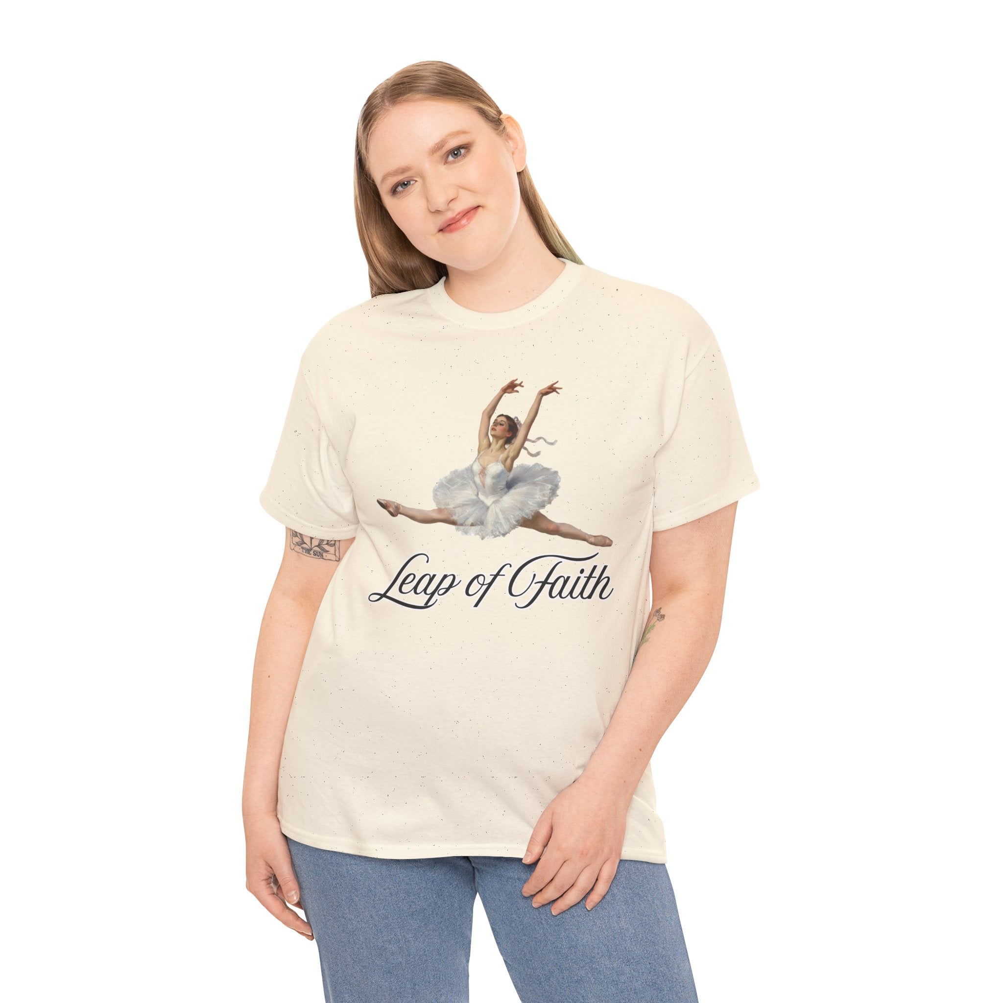 Ballet Inspired Tee - Leap of Faith, Dance Gift, Unisex Cotton Shirt, Inspirational Apparel, Performance Wear, Gift for Dancers-Ballerina in a split leap, inspired by the impressionistic ballet studies of Edgar Degas.
