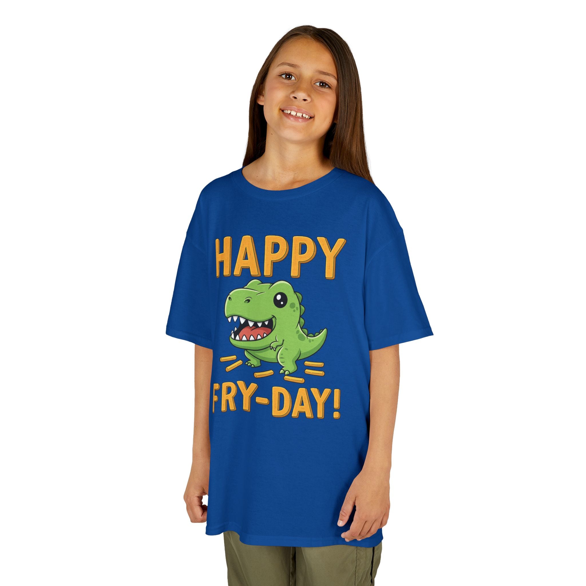 Happy Fry-Day Kids Tee, Fun Dinosaur T-Shirt, Kids Cotton Shirt, Birthday Gift, Everyday Wear, Summer Fun, Playful Tee