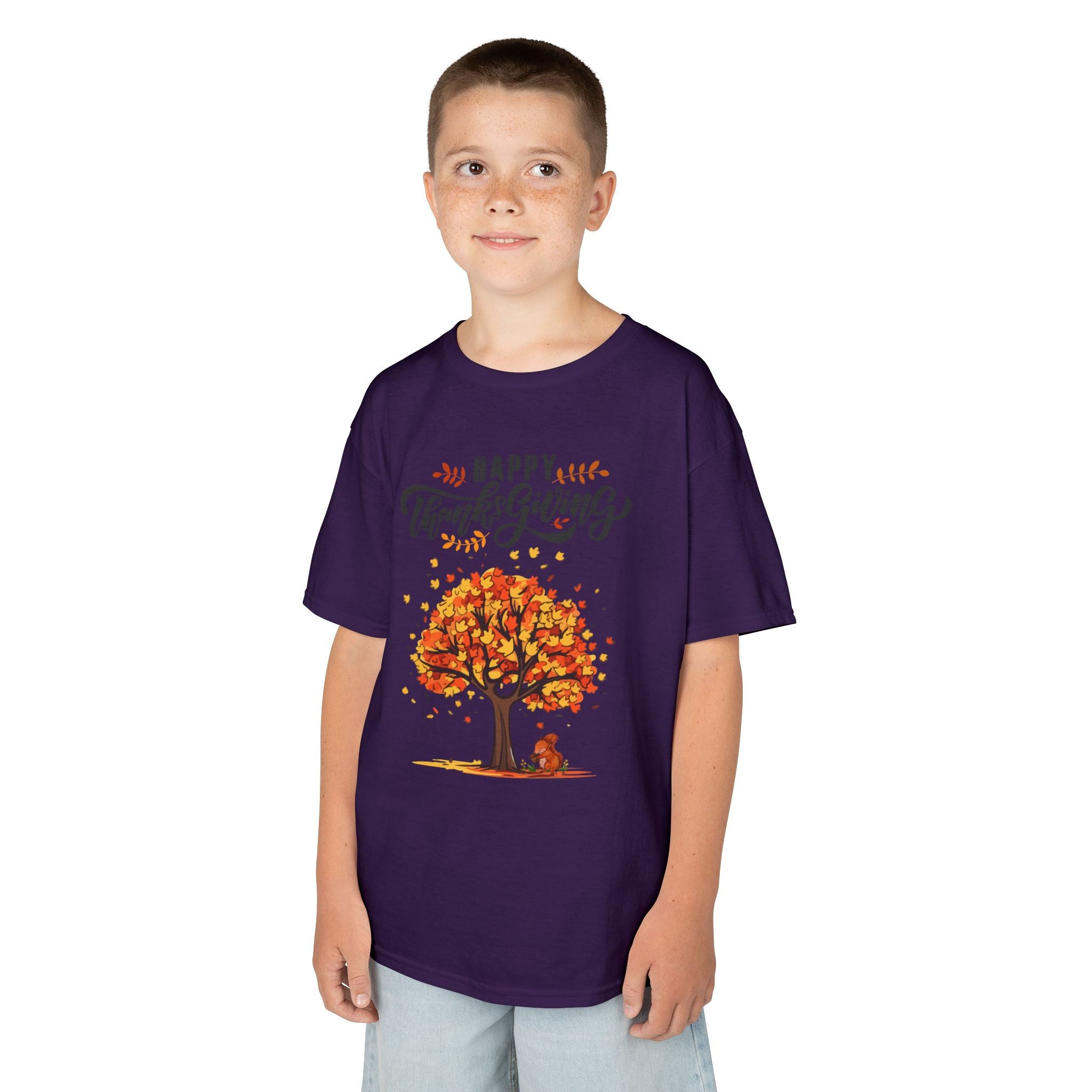 Happy Thanksgiving Kids Tee, Fall T-Shirt, Autumn Apparel, Festive Gift, Holiday Outfit, Tree and Leaves Design