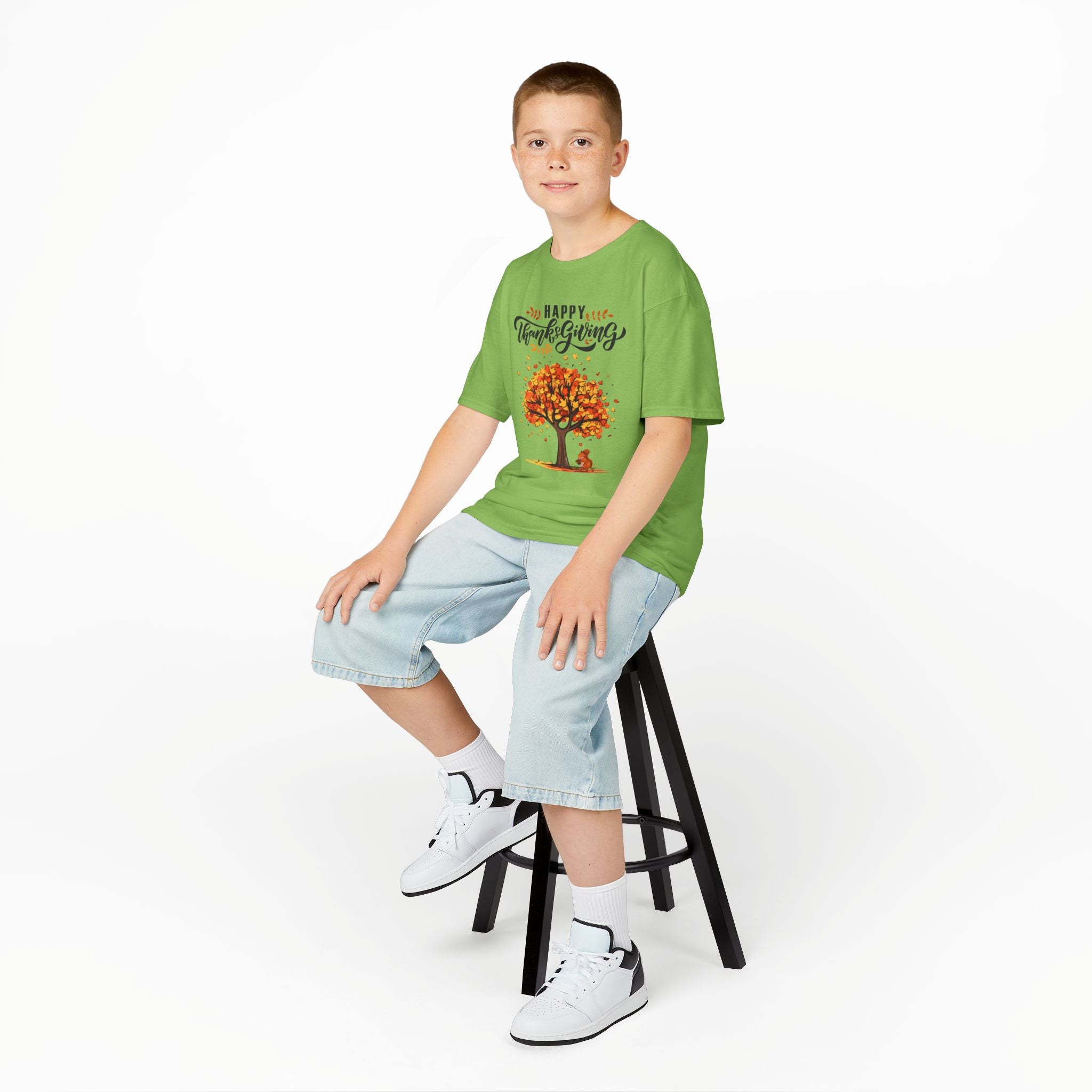Happy Thanksgiving Kids Tee, Fall T-Shirt, Autumn Apparel, Festive Gift, Holiday Outfit, Tree and Leaves Design