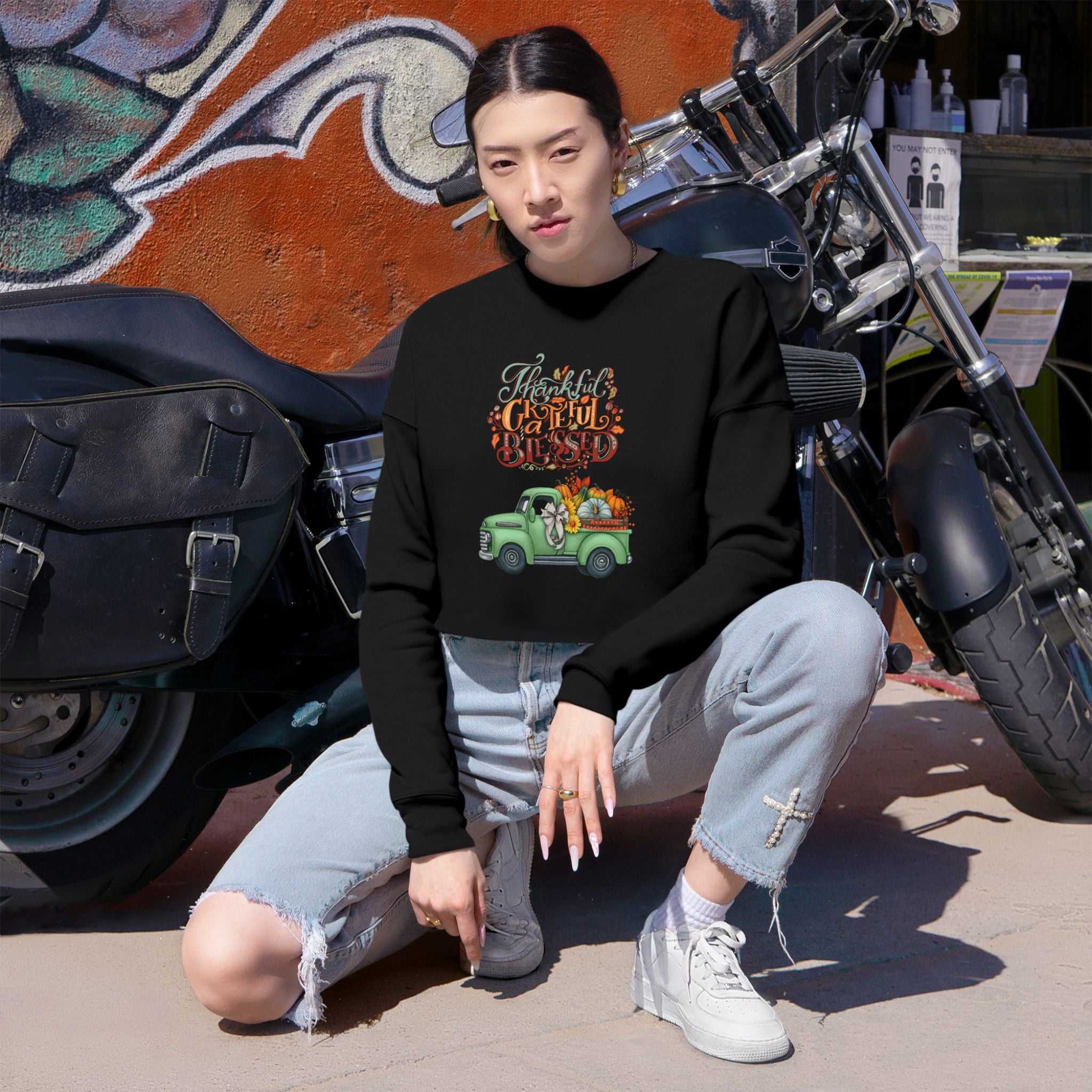 Thankful Vibes Cropped Sweatshirt with Pumpkin Truck, Women's Fall Apparel, Cozy Sweatshirt, Holiday Gift, Thanksgiving Outfit (Different design upon request.)