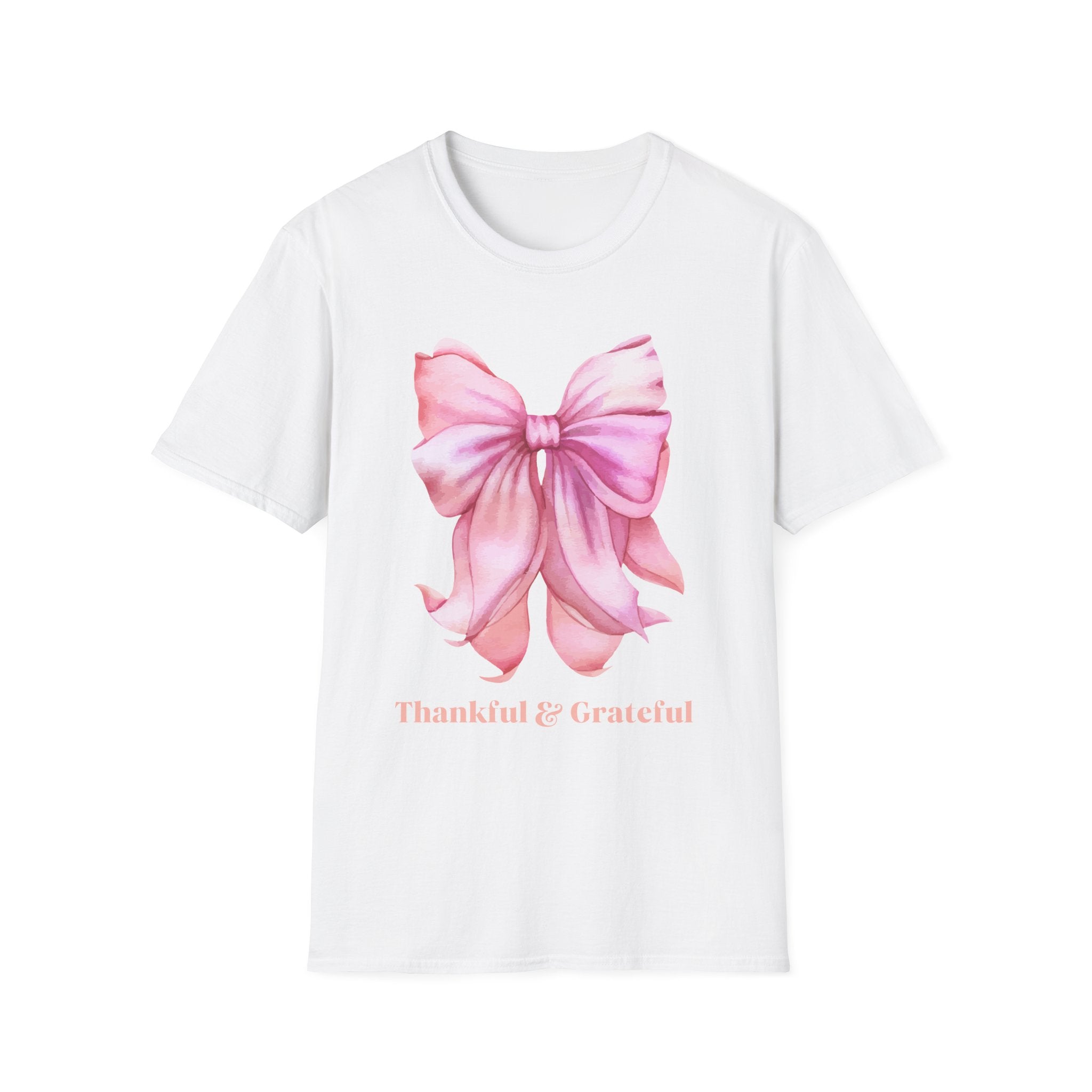 Thankful & Grateful Bow T-Shirt, Unisex Softstyle Tee, Thanksgiving Gift, Fall Apparel, Cute Casual Wear, Gratitude Shirt