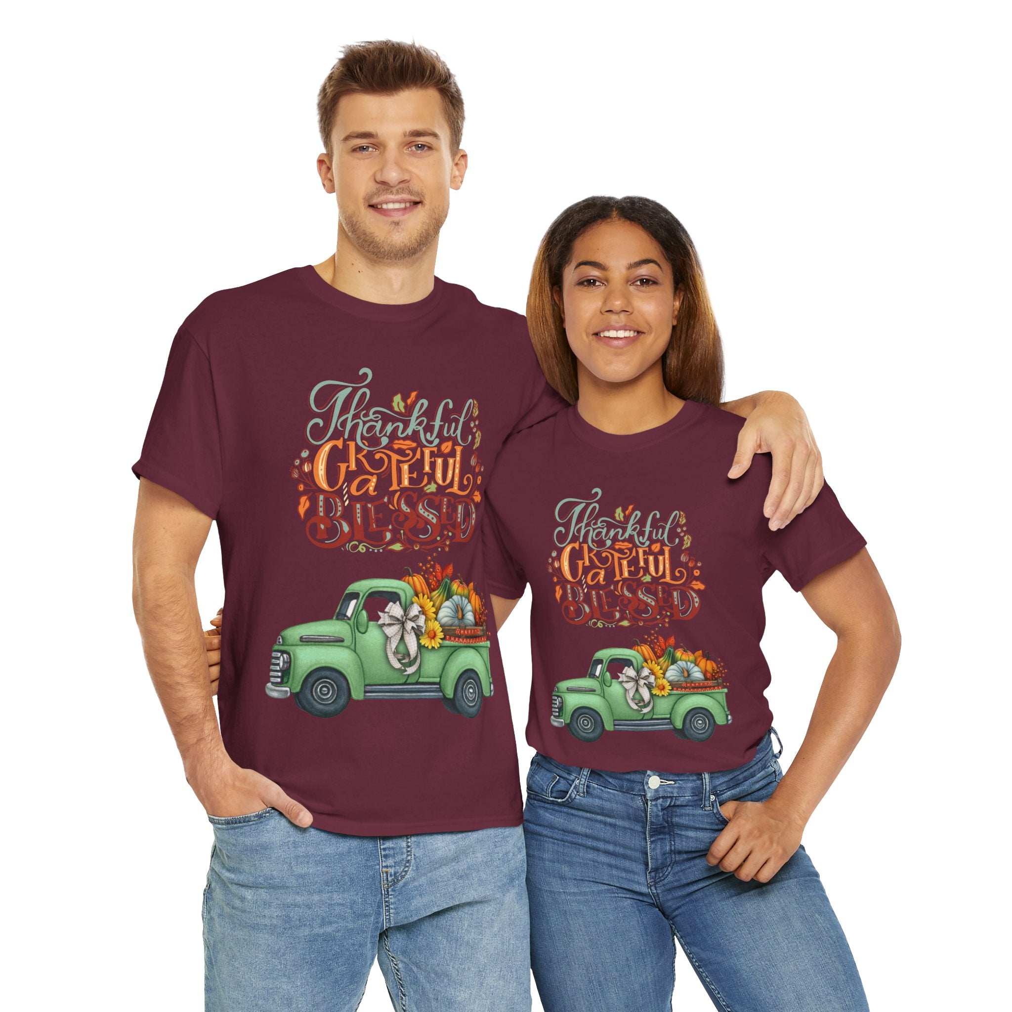 Thankful Grateful Blessed Tee, Unisex Heavy Cotton T-Shirt, Fall Apparel, Thanksgiving Shirt, Casual Wear, Gift for Friends