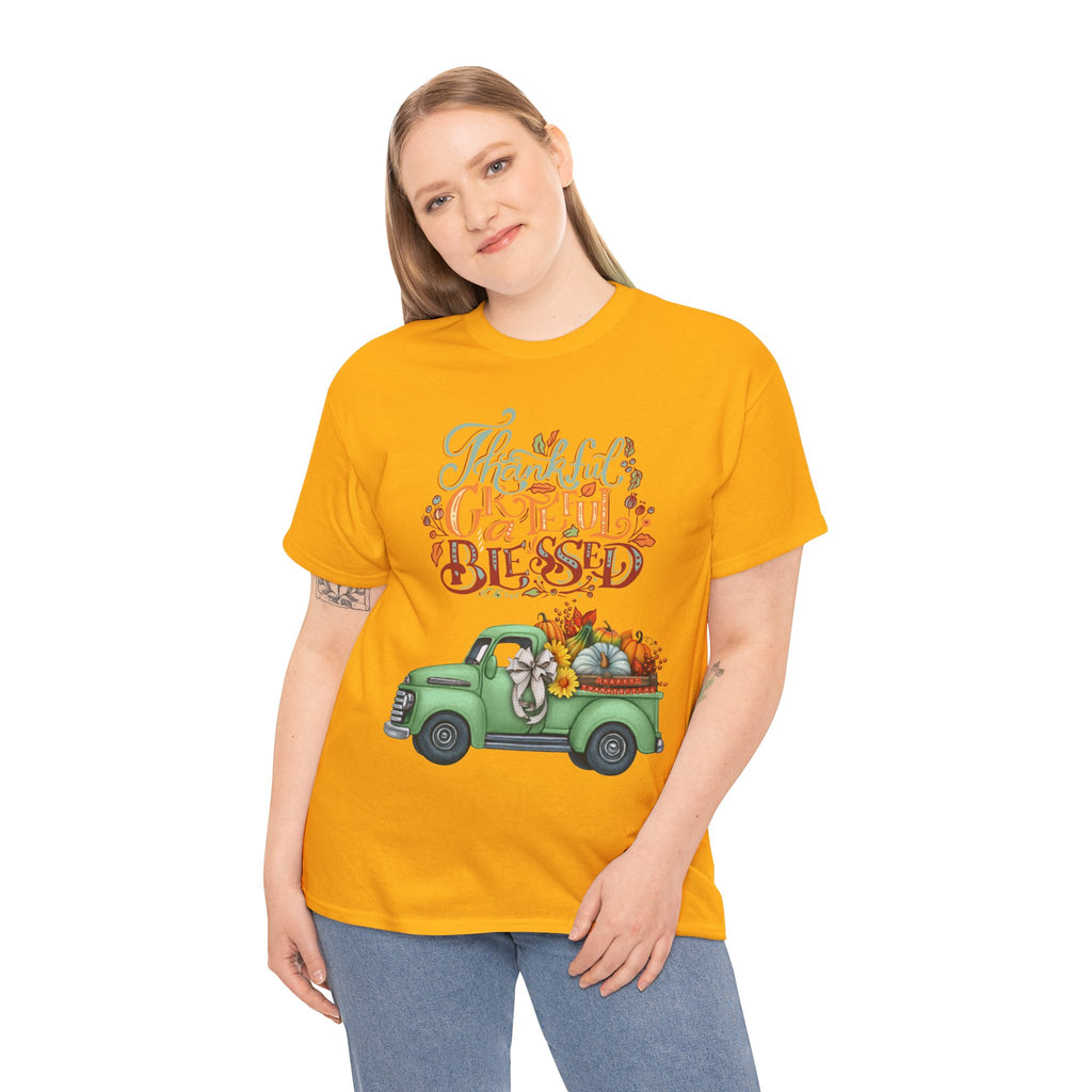 Thankful Grateful Blessed Tee, Unisex Heavy Cotton T-Shirt, Fall Apparel, Thanksgiving Shirt, Casual Wear, Gift for Friends