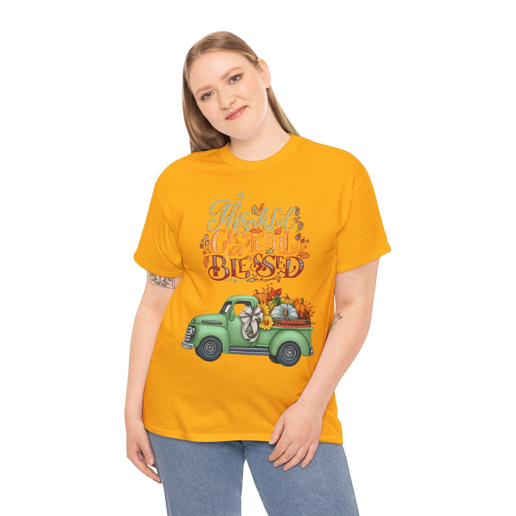 Thankful Grateful Blessed Tee, Unisex Heavy Cotton T-Shirt, Fall Apparel, Thanksgiving Shirt, Casual Wear, Gift for Friends