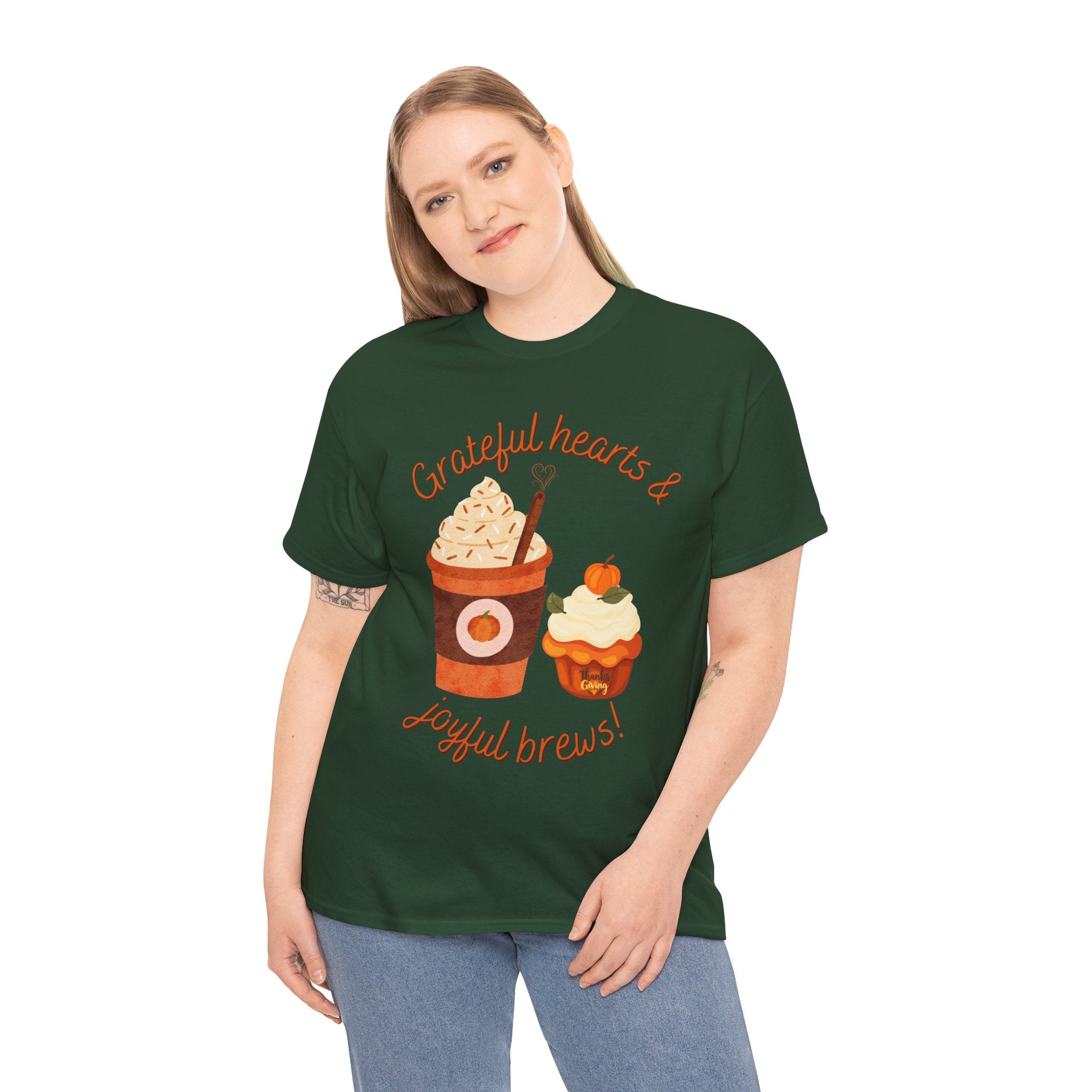 Happy Thanksgiving- Grateful Hearts & Joyful Brews Tee, Unisex Cotton Shirt, Coffee Lovers Gift, Casual Wear, Cute Tee for Celebrations, Fall Fashion