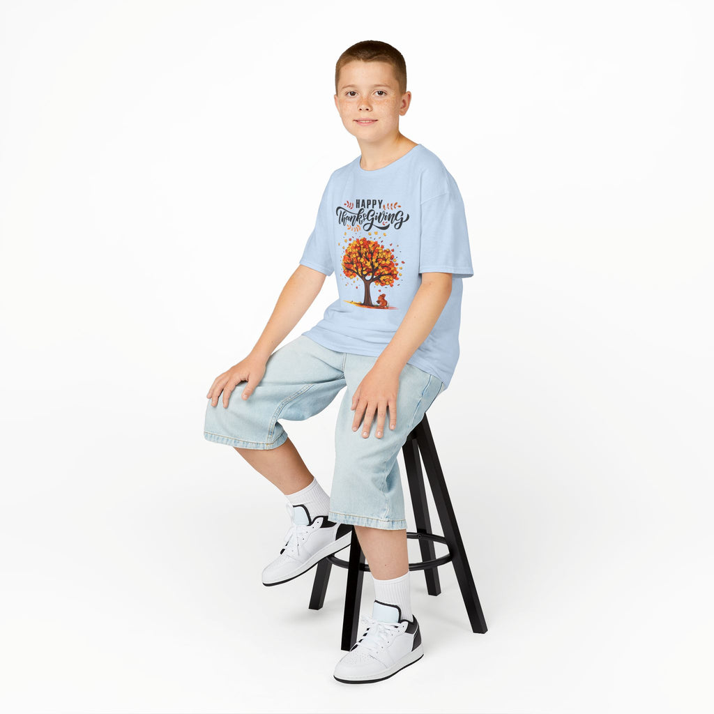 Happy Thanksgiving Kids Tee, Fall T-Shirt, Autumn Apparel, Festive Gift, Holiday Outfit, Tree and Leaves Design