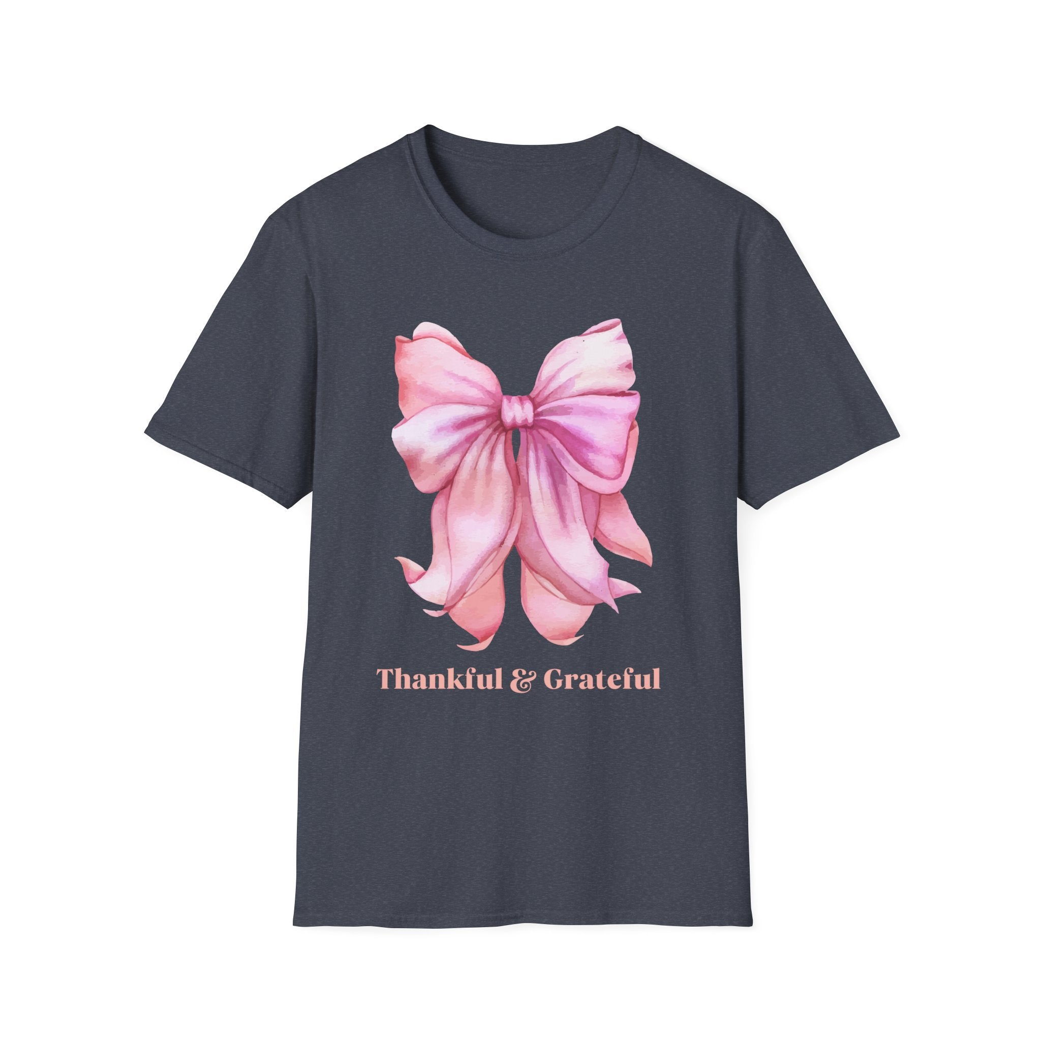 Thankful & Grateful Bow T-Shirt, Unisex Softstyle Tee, Thanksgiving Gift, Fall Apparel, Cute Casual Wear, Gratitude Shirt