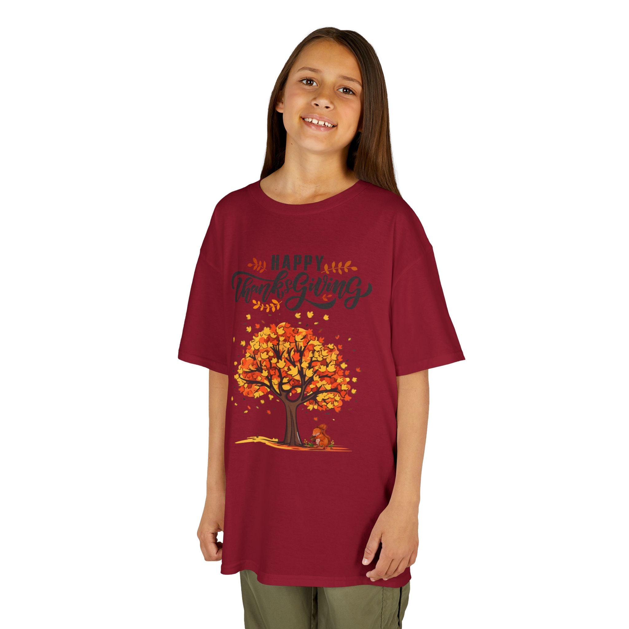 Happy Thanksgiving Kids Tee, Fall T-Shirt, Autumn Apparel, Festive Gift, Holiday Outfit, Tree and Leaves Design