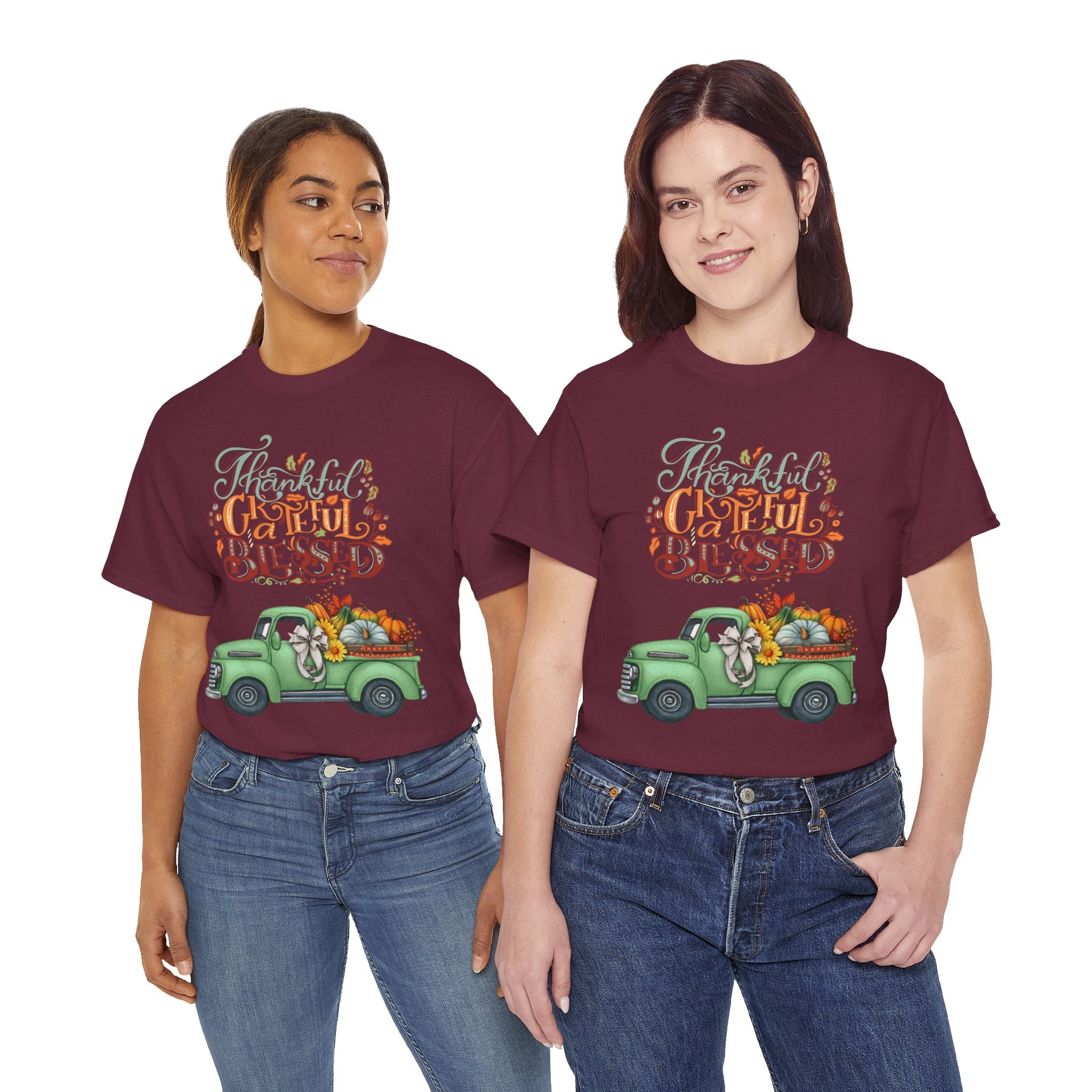 Thankful Grateful Blessed Tee, Unisex Heavy Cotton T-Shirt, Fall Apparel, Thanksgiving Shirt, Casual Wear, Gift for Friends