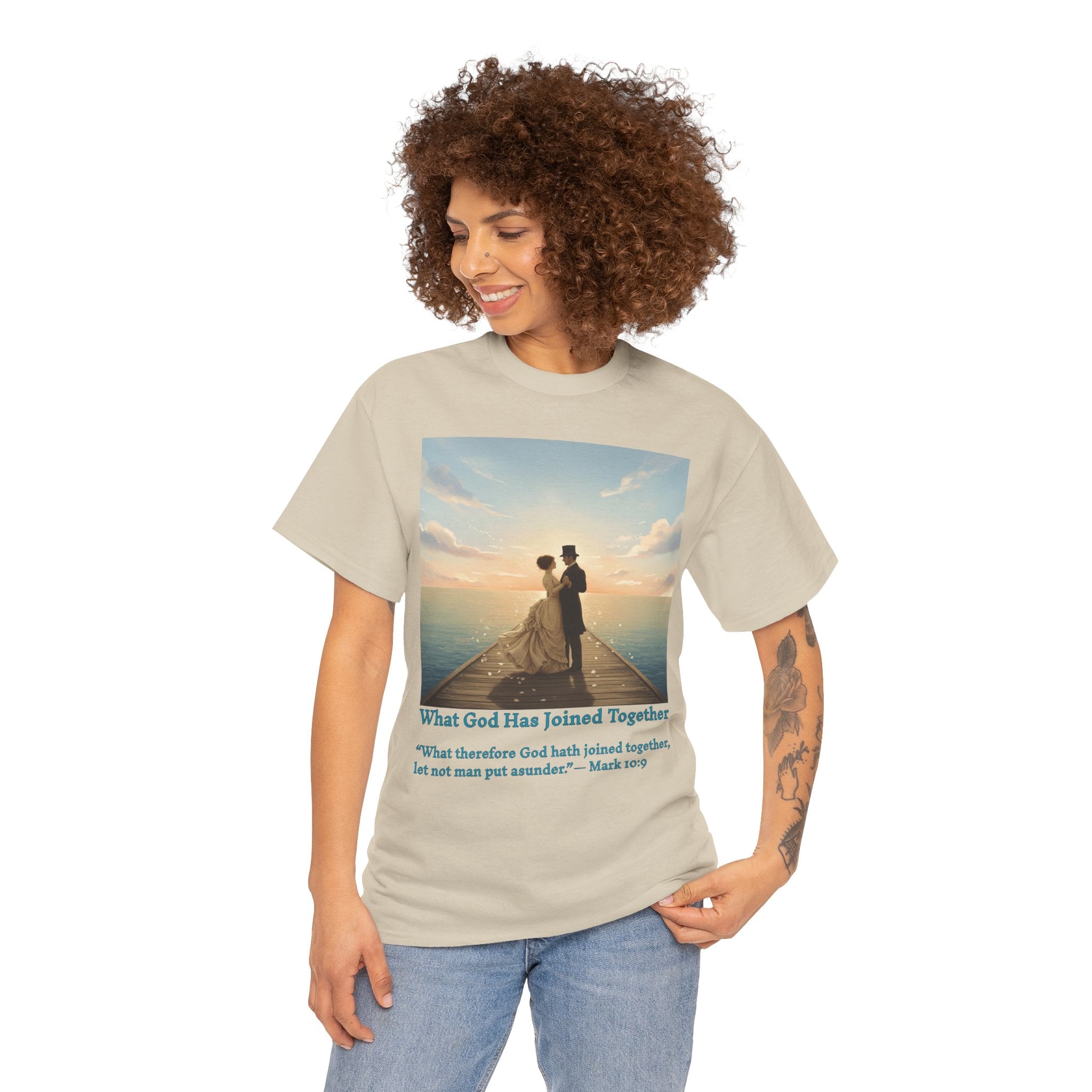 Romantic couple on a pier at sunset — inspired by Jack Vettriano-Wedding Quote T-Shirt, Unisex Heavy Cotton Tee, Casual Wear, Gift for Newlyweds, Bride & Groom Apparel, Anniversary Gift