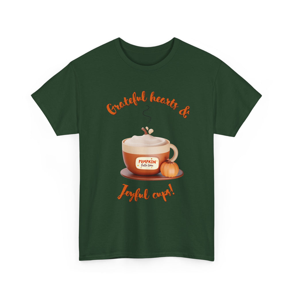 Happy Thanksgiving- Grateful Hearts & Joyful Cups Unisex Tee, Cozy Fall T-Shirt, Thanksgiving Gift, Coffee Lover Apparel, Autumn Fashion