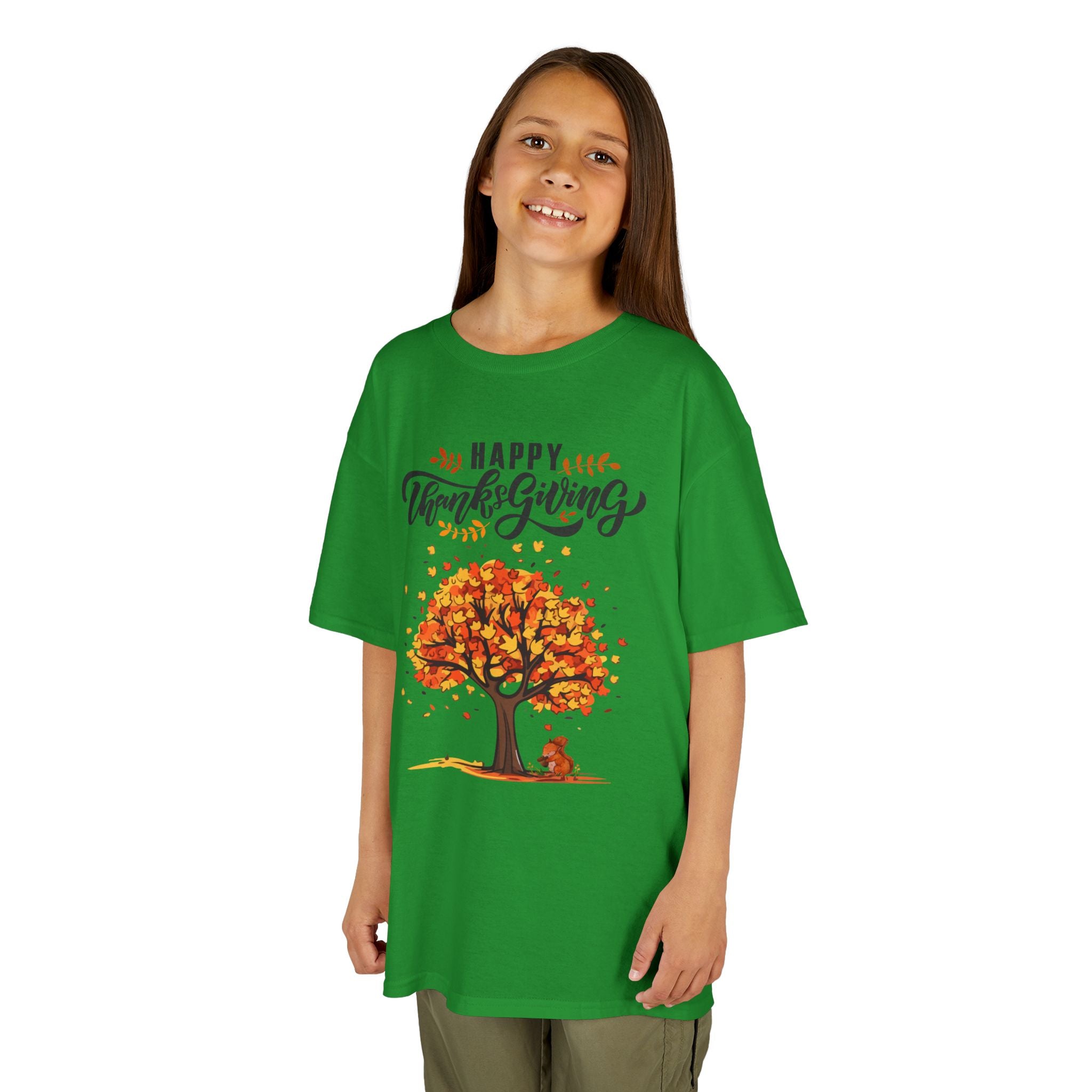 Happy Thanksgiving Kids Tee, Fall T-Shirt, Autumn Apparel, Festive Gift, Holiday Outfit, Tree and Leaves Design