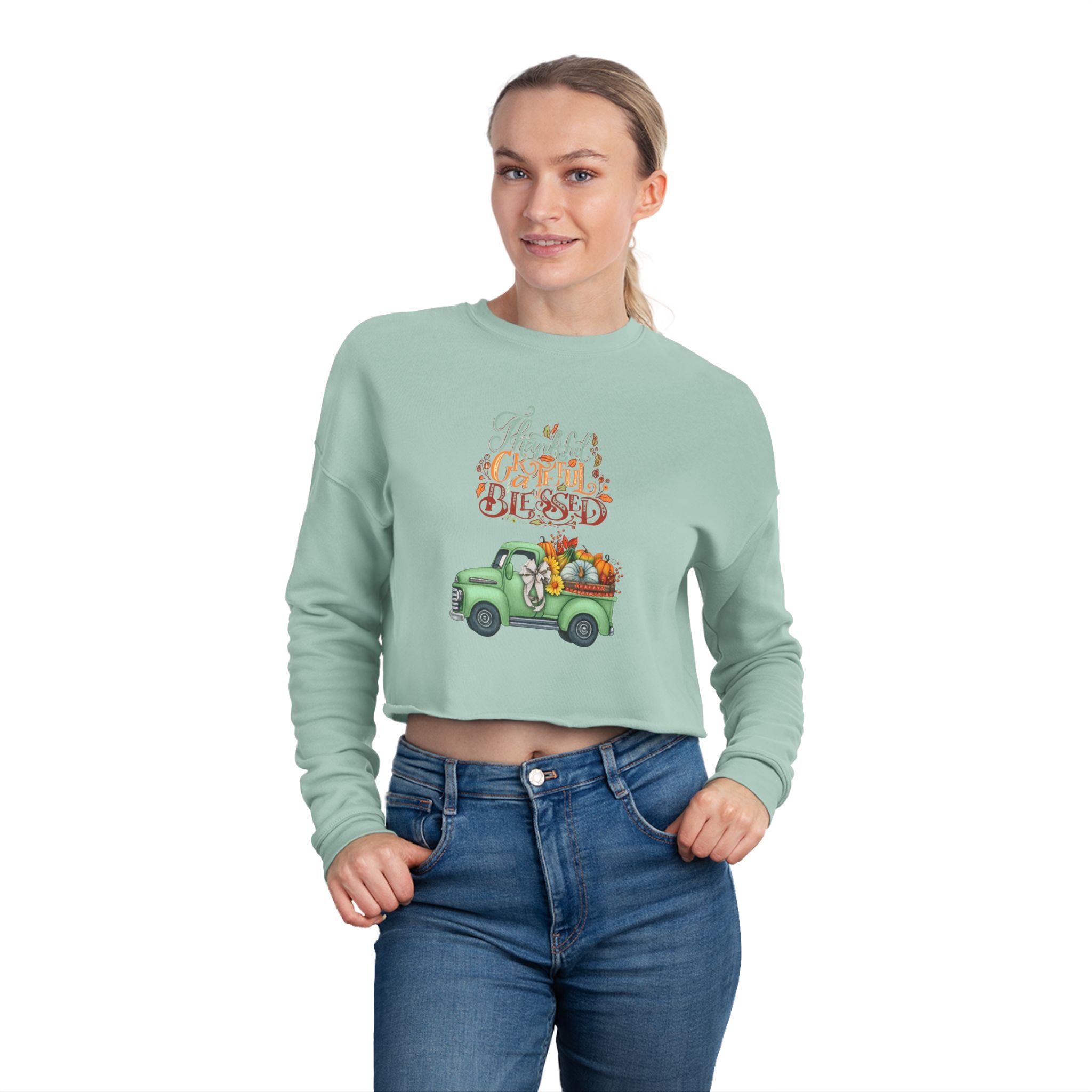 Thankful Vibes Cropped Sweatshirt with Pumpkin Truck, Women's Fall Apparel, Cozy Sweatshirt, Holiday Gift, Thanksgiving Outfit (Different design upon request.)