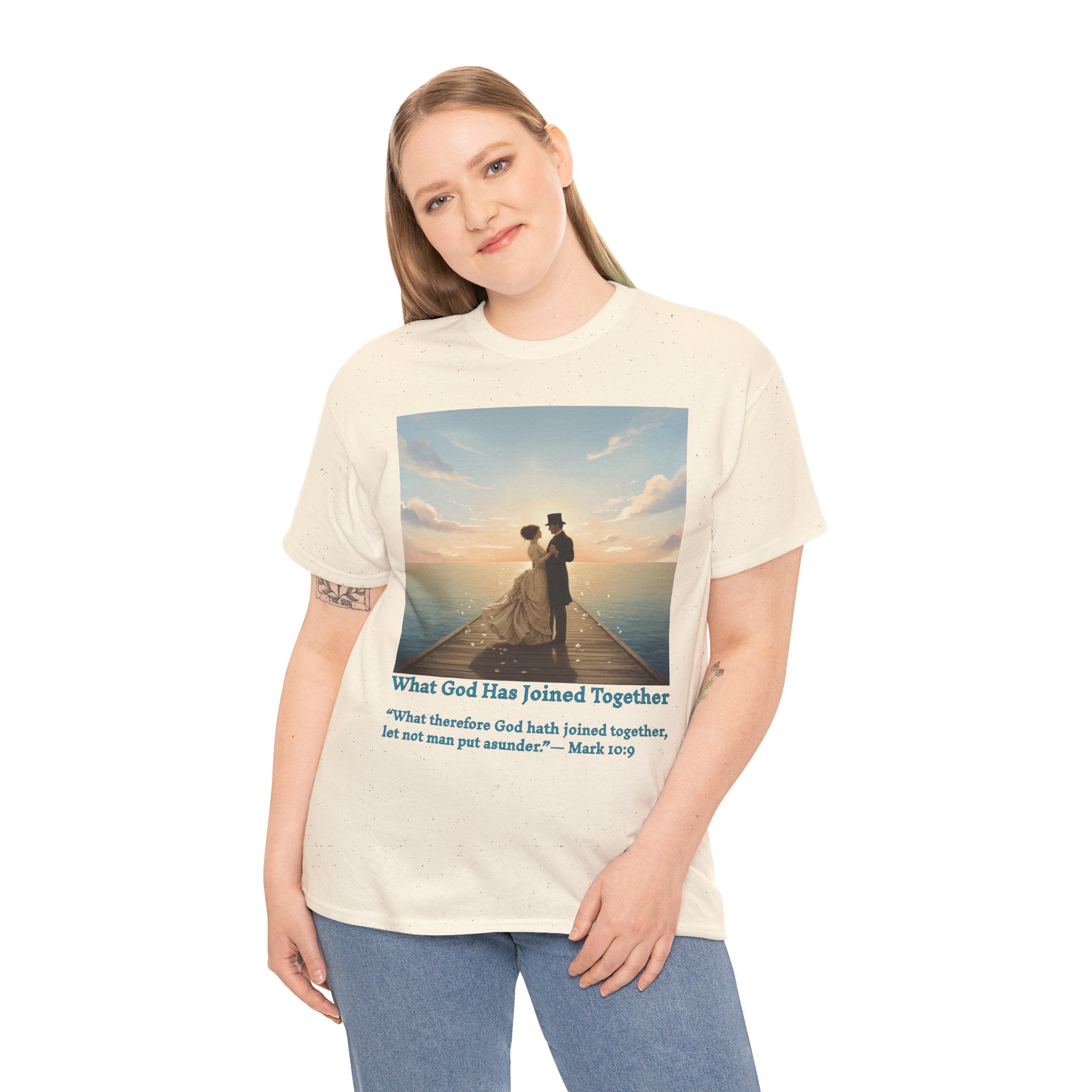Romantic couple on a pier at sunset — inspired by Jack Vettriano-Wedding Quote T-Shirt, Unisex Heavy Cotton Tee, Casual Wear, Gift for Newlyweds, Bride & Groom Apparel, Anniversary Gift
