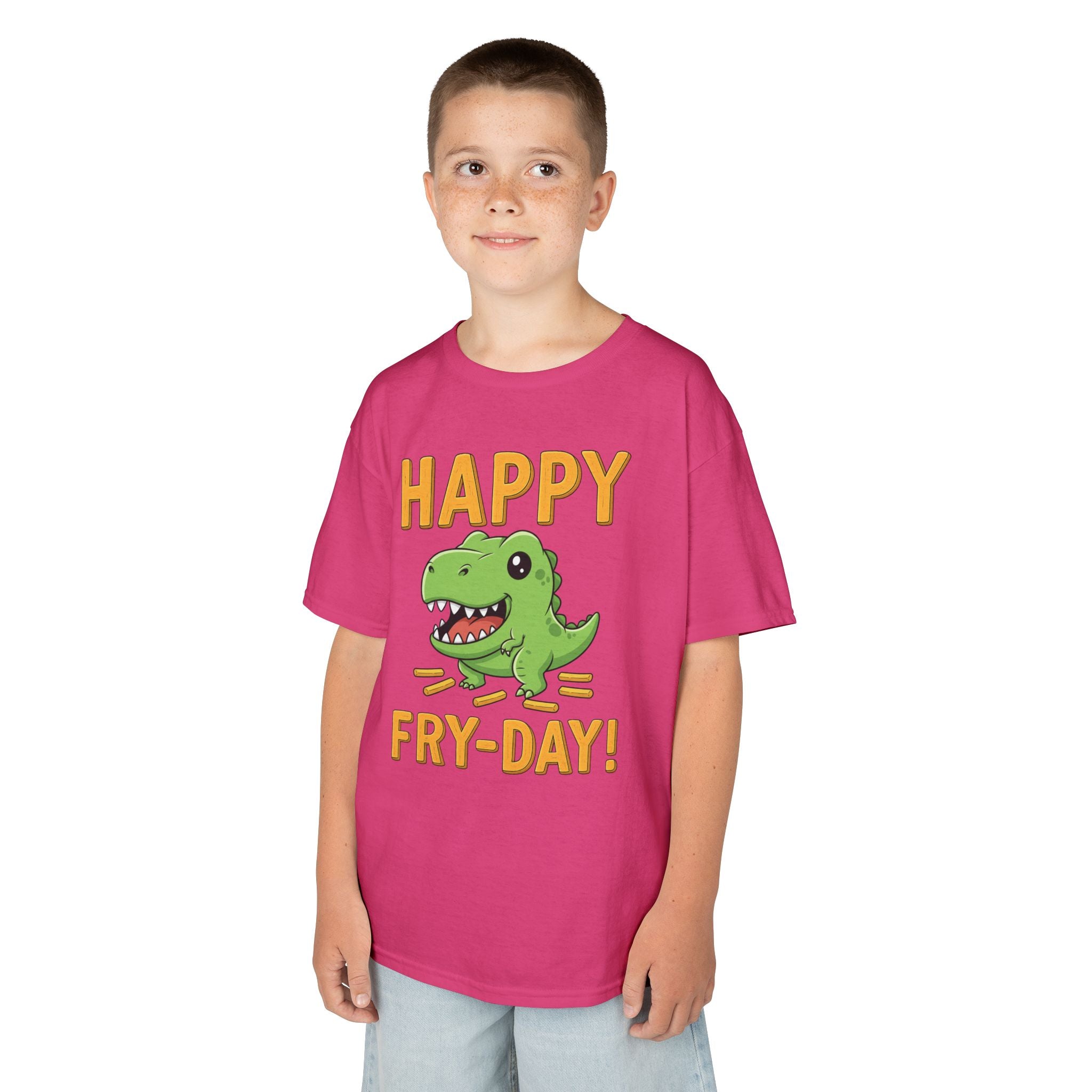 Happy Fry-Day Kids Tee, Fun Dinosaur T-Shirt, Kids Cotton Shirt, Birthday Gift, Everyday Wear, Summer Fun, Playful Tee