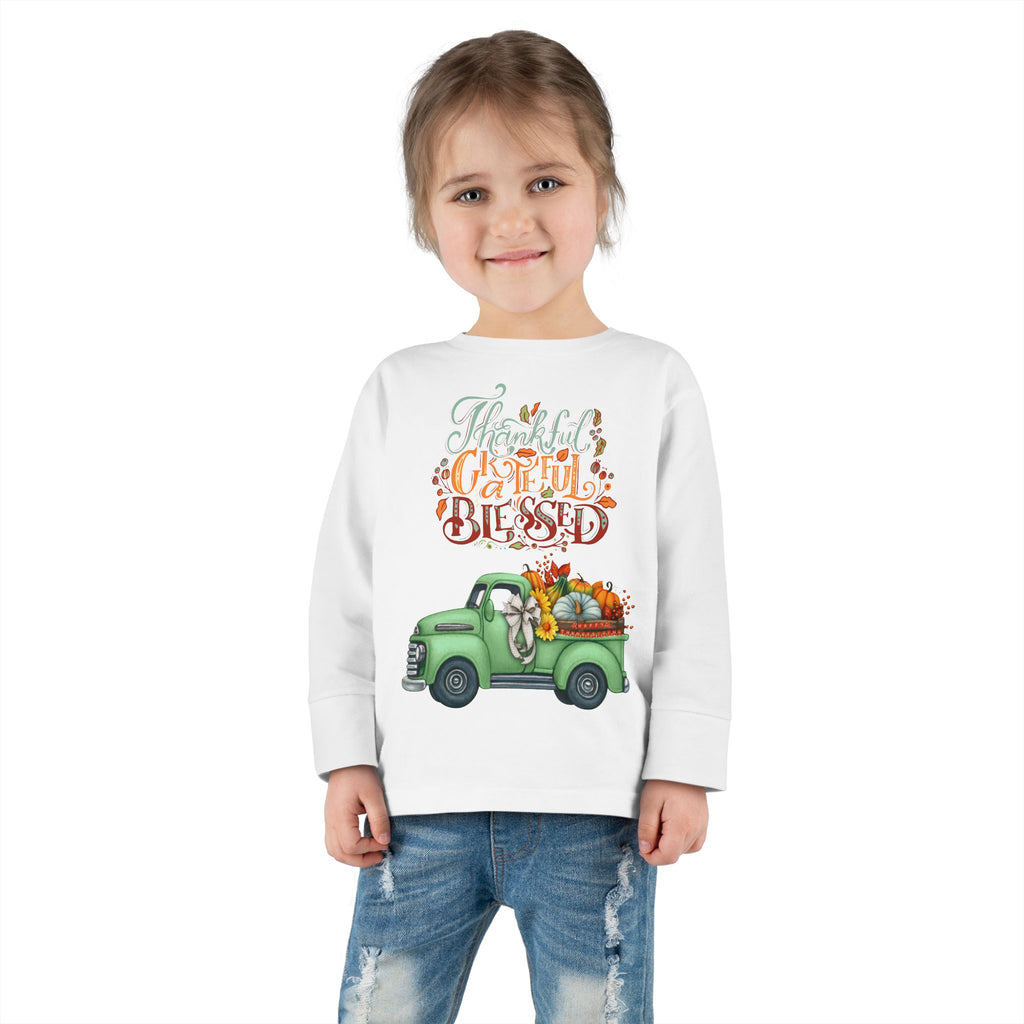 Toddler Long Sleeve Tee - "Grateful & Blessed" Fall Vibes T-Shirt, Kids Autumn Tee, Thanksgiving Outfit, Cute Toddler Gift, Seasonal Shirt