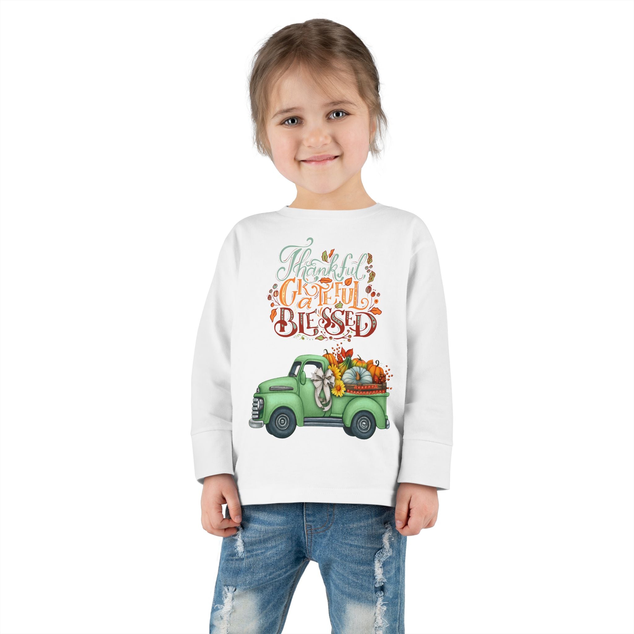 Toddler Long Sleeve Tee - "Grateful & Blessed" Fall Vibes T-Shirt, Kids Autumn Tee, Thanksgiving Outfit, Cute Toddler Gift, Seasonal Shirt