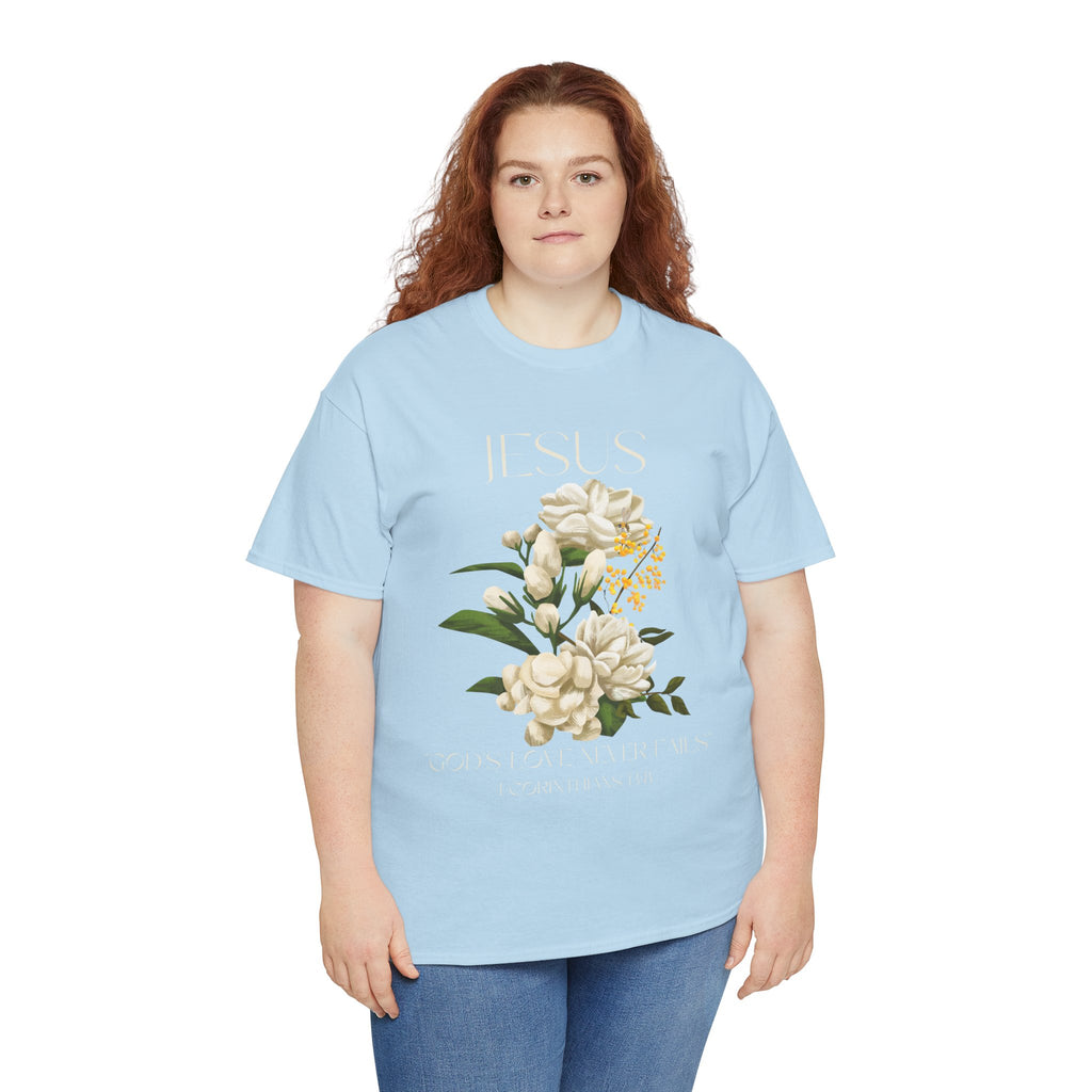 Floral Jesus-God's love never fails- Graphic Tee | Unisex Cotton T-Shirt for Faith & Inspiration, Ideal for Gifts, Casual Wear, Church Events, and Celebrations