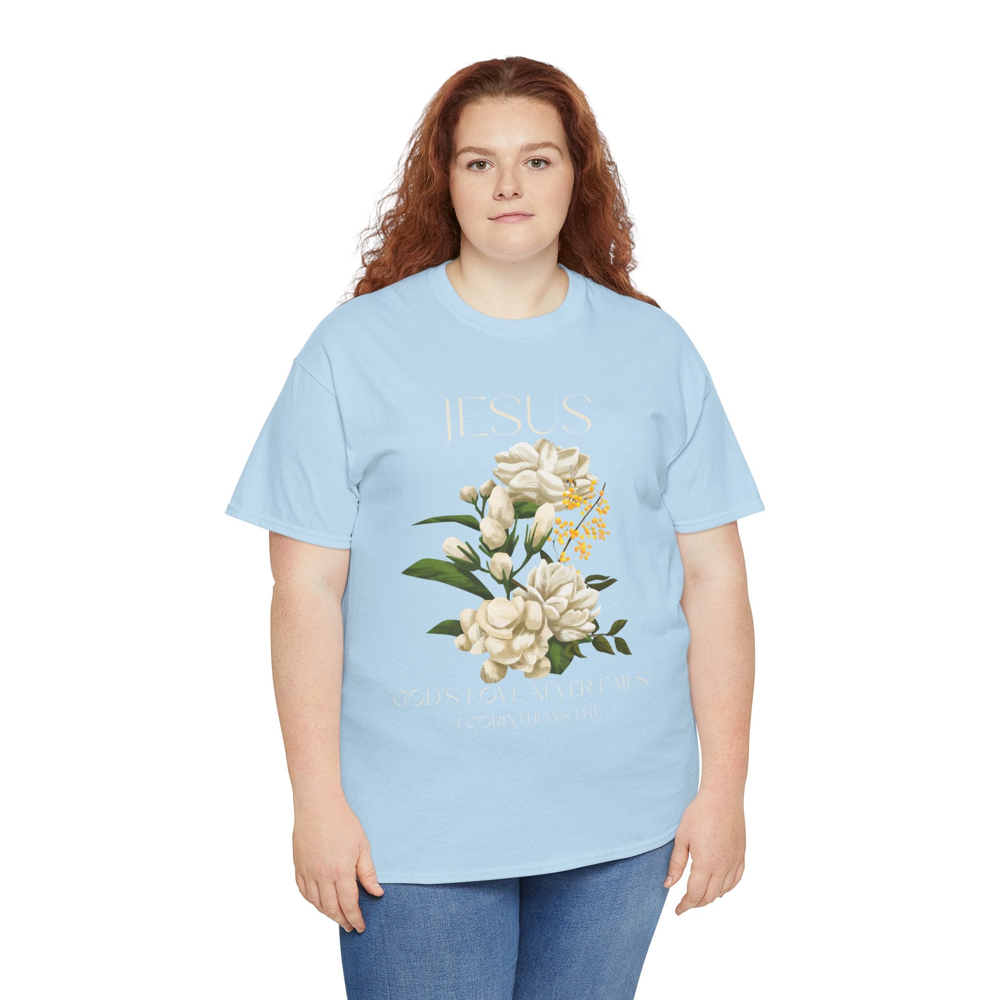 Floral Jesus-God's love never fails- Graphic Tee | Unisex Cotton T-Shirt for Faith & Inspiration, Ideal for Gifts, Casual Wear, Church Events, and Celebrations