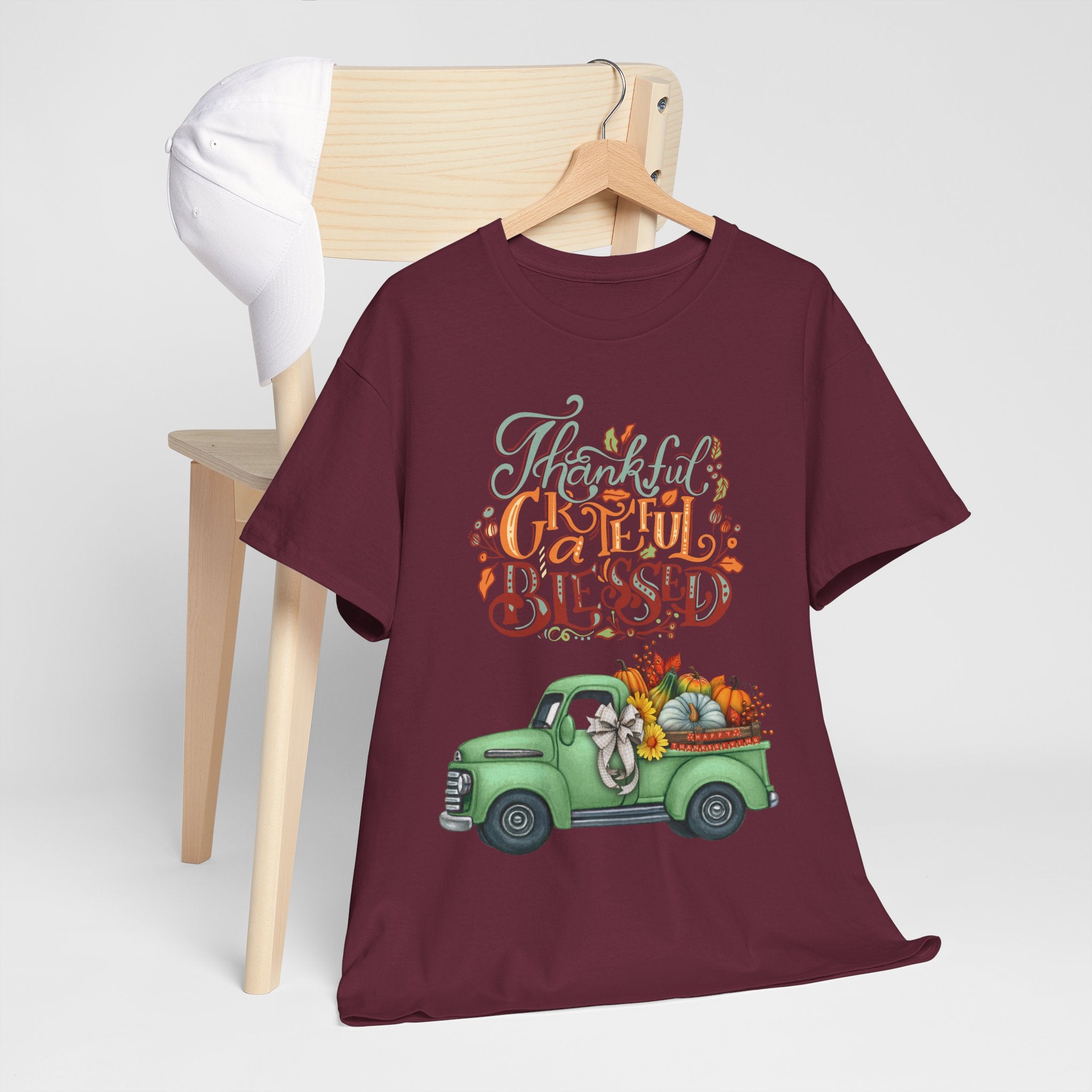Thankful Grateful Blessed Tee, Unisex Heavy Cotton T-Shirt, Fall Apparel, Thanksgiving Shirt, Casual Wear, Gift for Friends