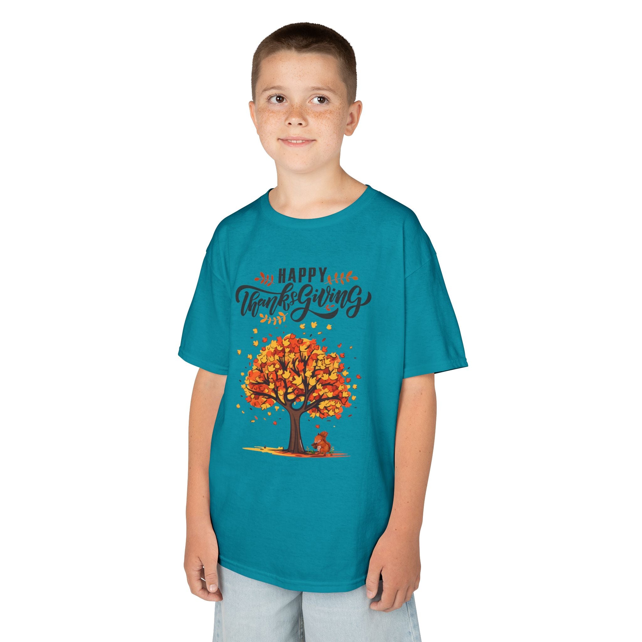 Happy Thanksgiving Kids Tee, Fall T-Shirt, Autumn Apparel, Festive Gift, Holiday Outfit, Tree and Leaves Design