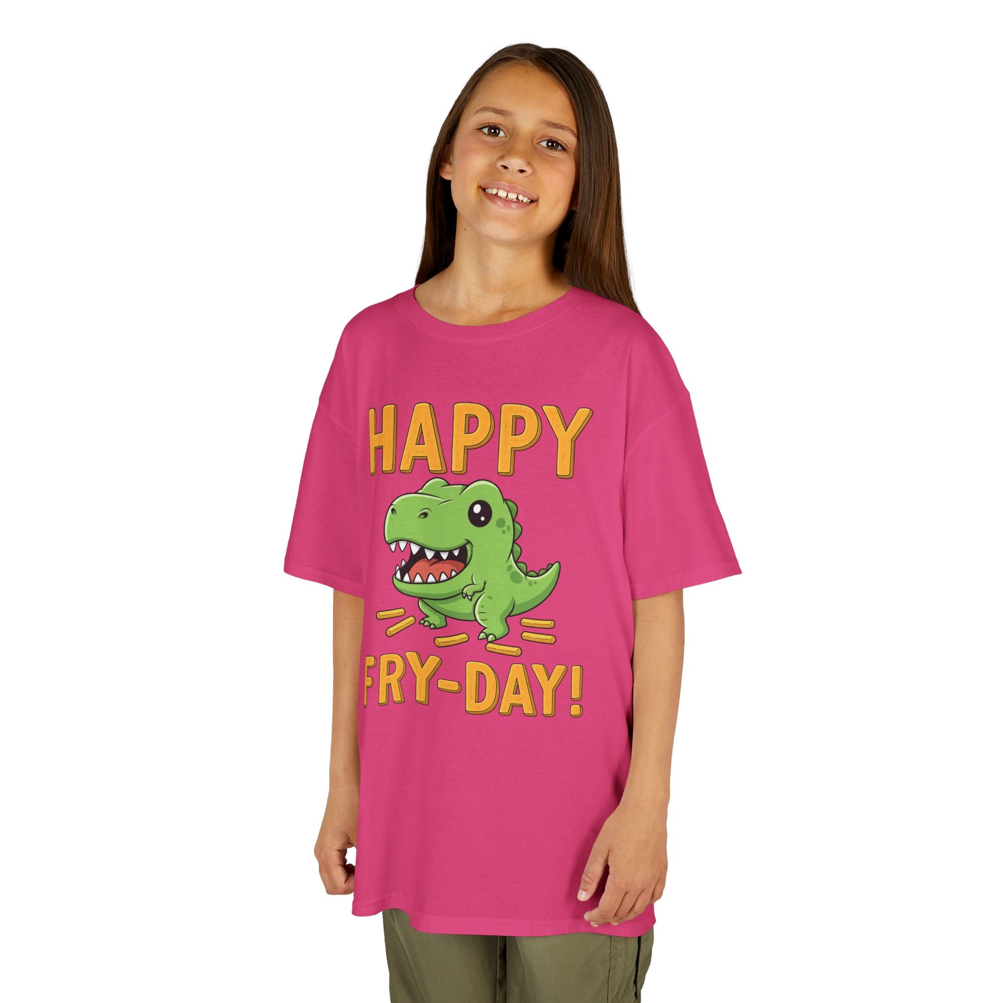 Happy Fry-Day Kids Tee, Fun Dinosaur T-Shirt, Kids Cotton Shirt, Birthday Gift, Everyday Wear, Summer Fun, Playful Tee