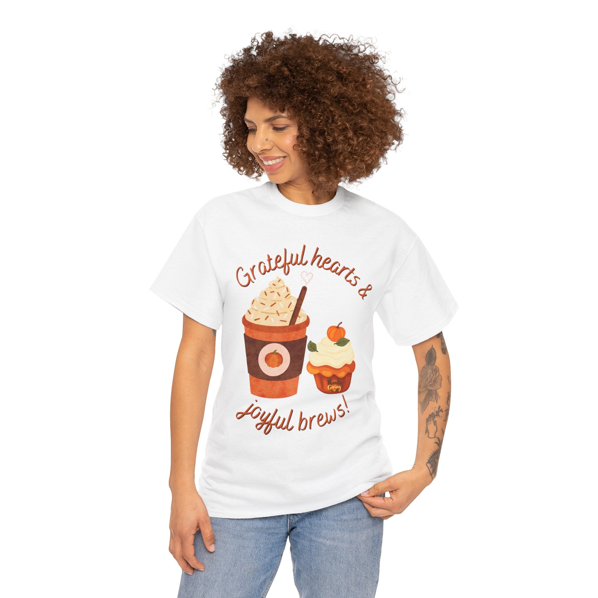 Happy Thanksgiving- Grateful Hearts & Joyful Brews Tee, Unisex Cotton Shirt, Coffee Lovers Gift, Casual Wear, Cute Tee for Celebrations, Fall Fashion