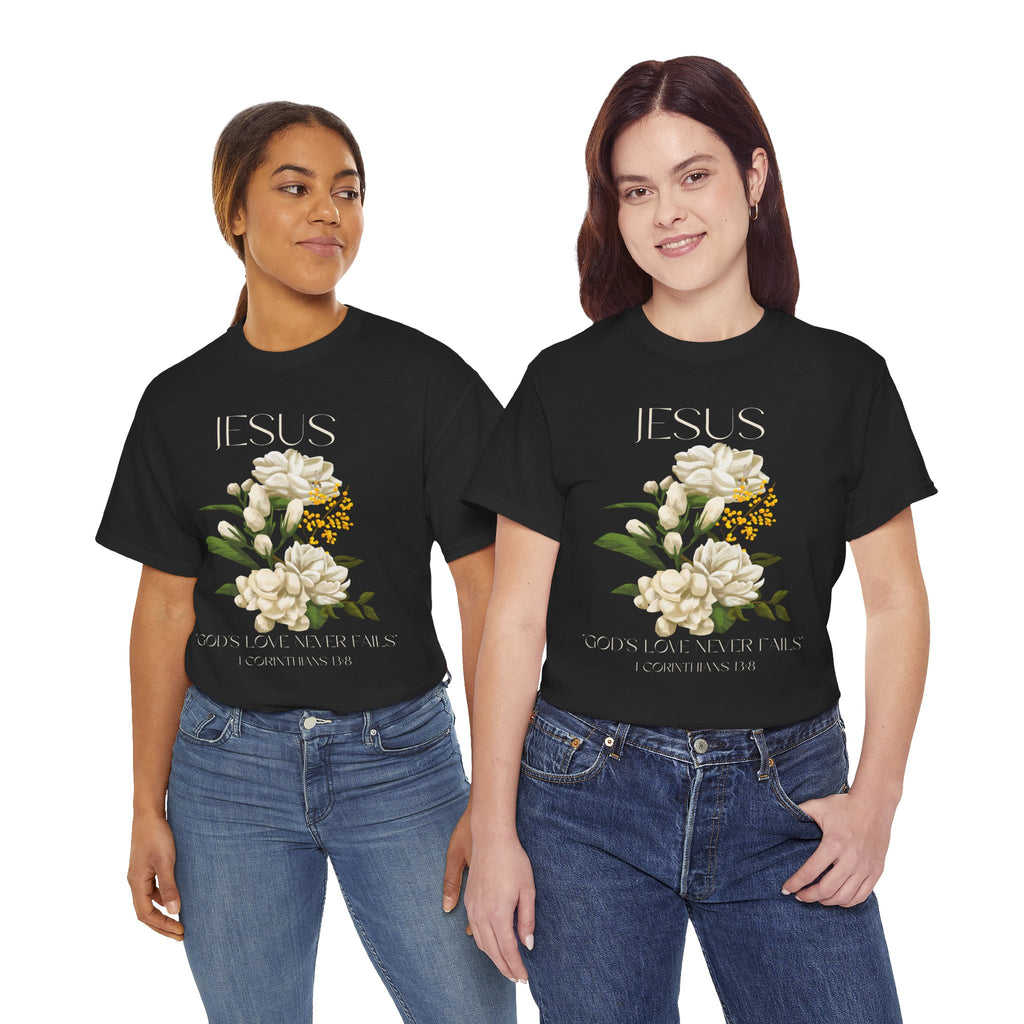 Floral Jesus-God's love never fails- Graphic Tee | Unisex Cotton T-Shirt for Faith & Inspiration, Ideal for Gifts, Casual Wear, Church Events, and Celebrations