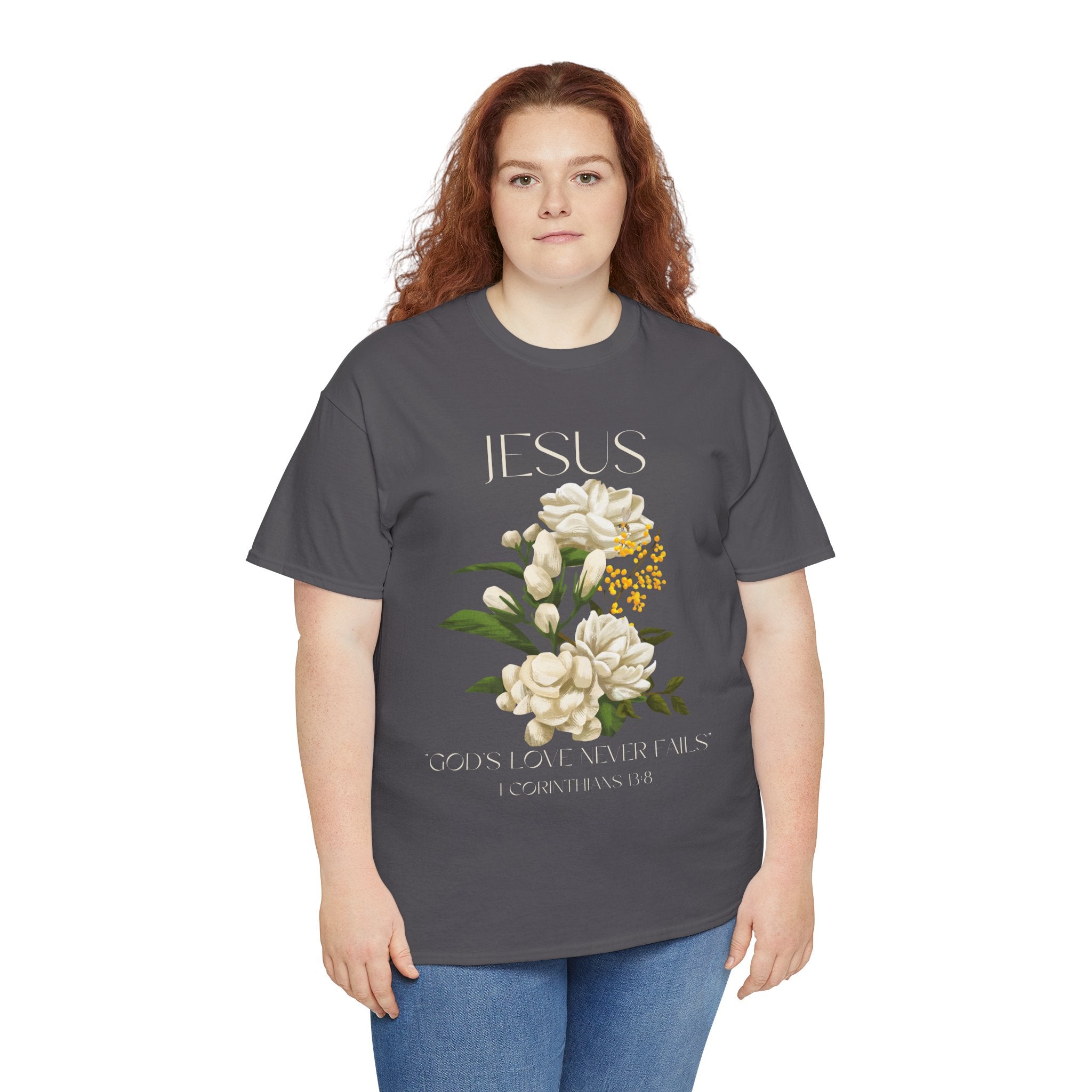 Floral Jesus-God's love never fails- Graphic Tee | Unisex Cotton T-Shirt for Faith & Inspiration, Ideal for Gifts, Casual Wear, Church Events, and Celebrations