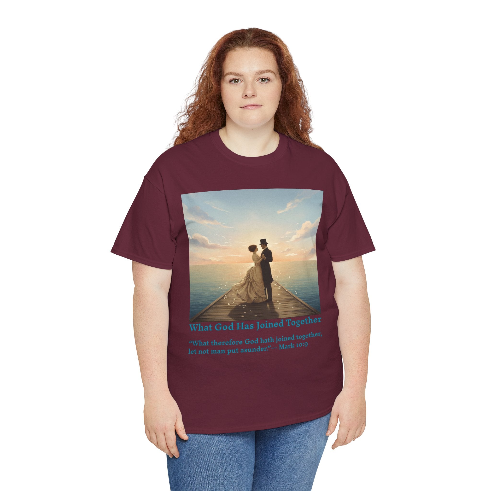 Romantic couple on a pier at sunset — inspired by Jack Vettriano-Wedding Quote T-Shirt, Unisex Heavy Cotton Tee, Casual Wear, Gift for Newlyweds, Bride & Groom Apparel, Anniversary Gift