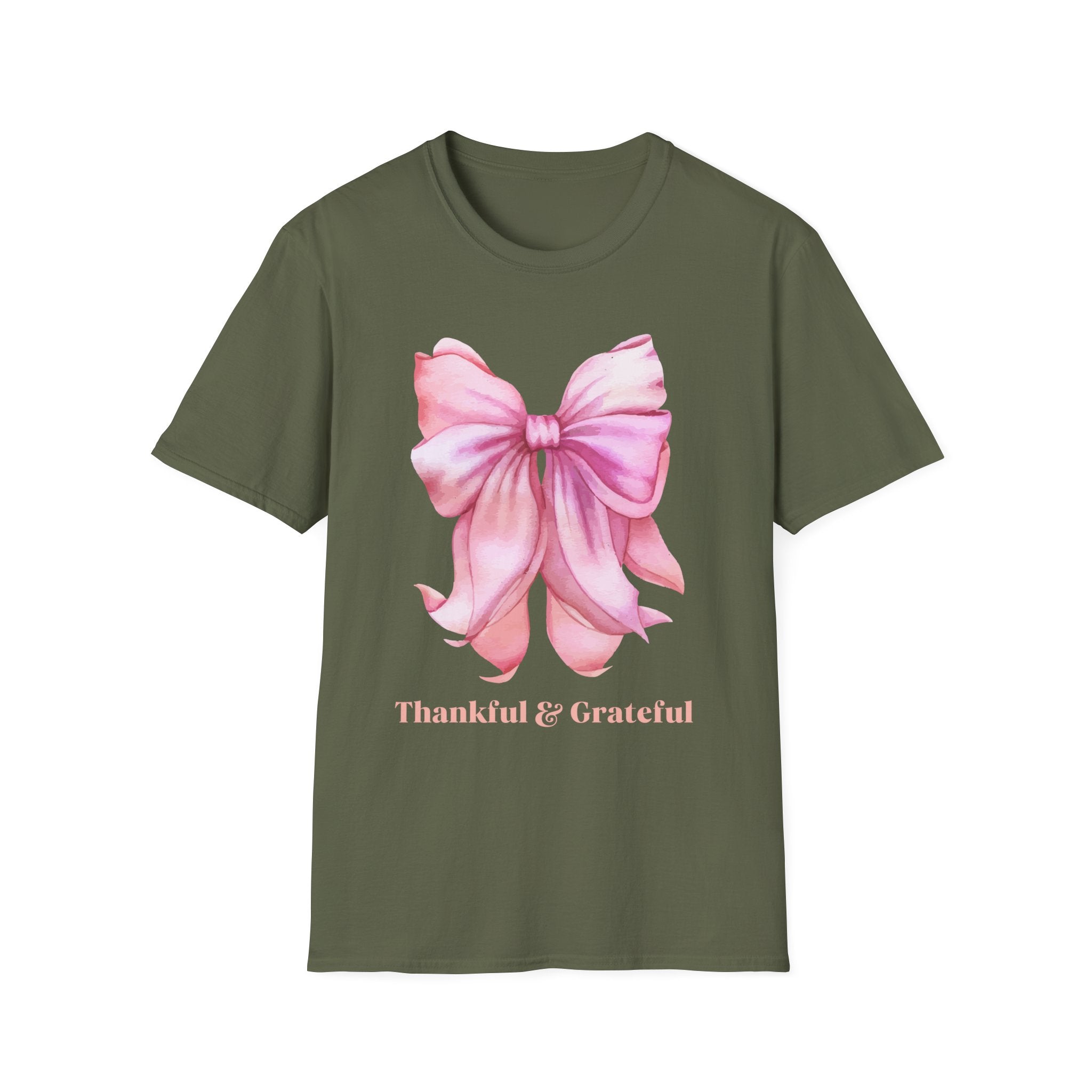 Thankful & Grateful Bow T-Shirt, Unisex Softstyle Tee, Thanksgiving Gift, Fall Apparel, Cute Casual Wear, Gratitude Shirt