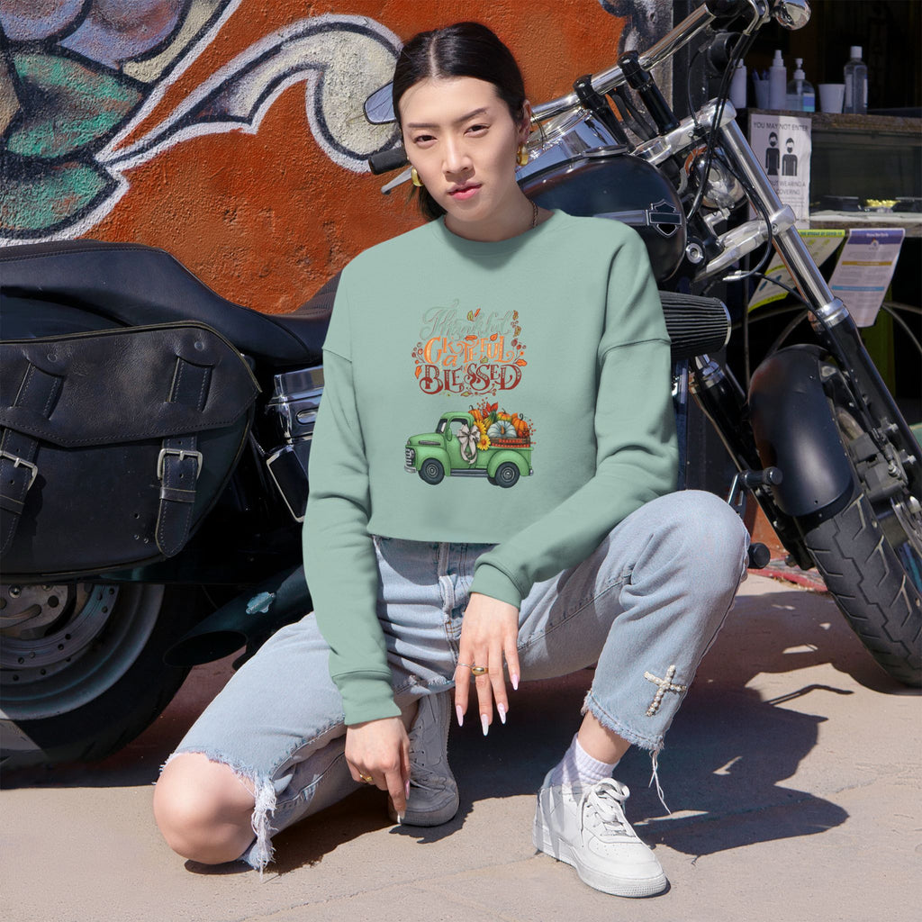 Thankful Vibes Cropped Sweatshirt with Pumpkin Truck, Women's Fall Apparel, Cozy Sweatshirt, Holiday Gift, Thanksgiving Outfit (Different design upon request.)