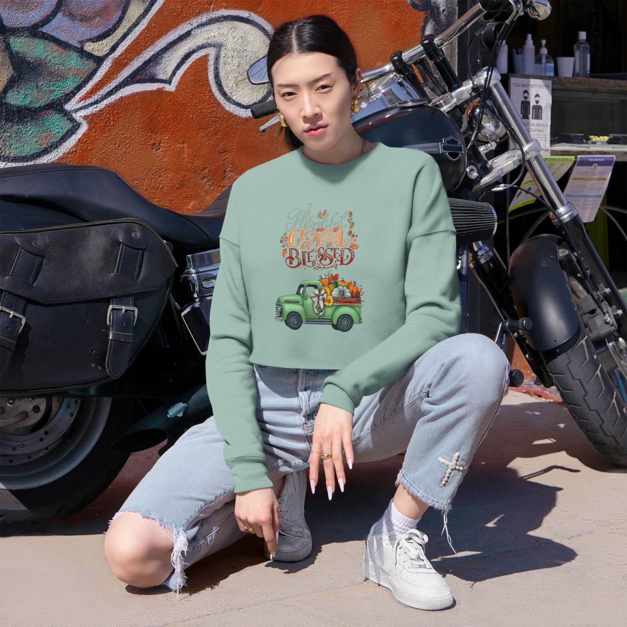 Thankful Vibes Cropped Sweatshirt with Pumpkin Truck, Women's Fall Apparel, Cozy Sweatshirt, Holiday Gift, Thanksgiving Outfit (Different design upon request.)