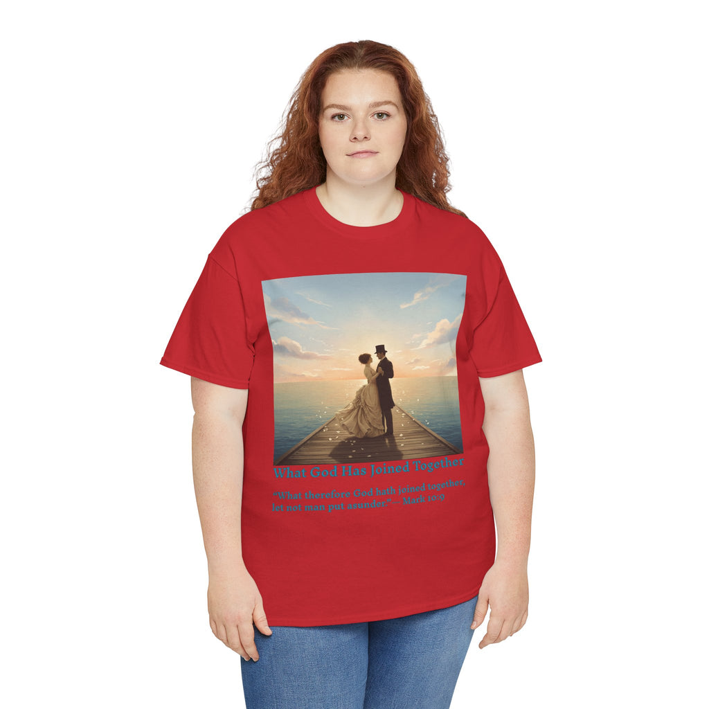 Romantic couple on a pier at sunset — inspired by Jack Vettriano-Wedding Quote T-Shirt, Unisex Heavy Cotton Tee, Casual Wear, Gift for Newlyweds, Bride & Groom Apparel, Anniversary Gift