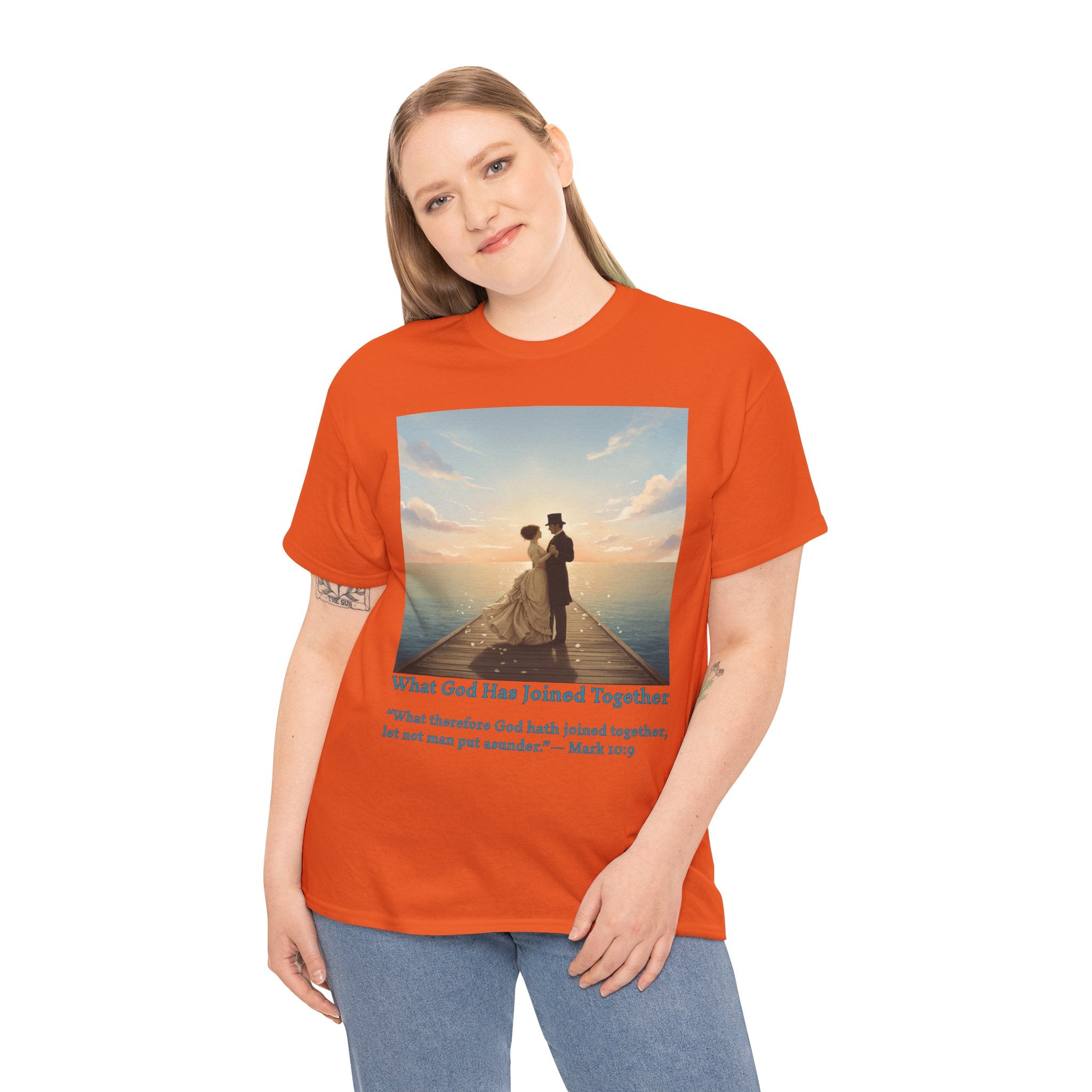 Romantic couple on a pier at sunset — inspired by Jack Vettriano-Wedding Quote T-Shirt, Unisex Heavy Cotton Tee, Casual Wear, Gift for Newlyweds, Bride & Groom Apparel, Anniversary Gift