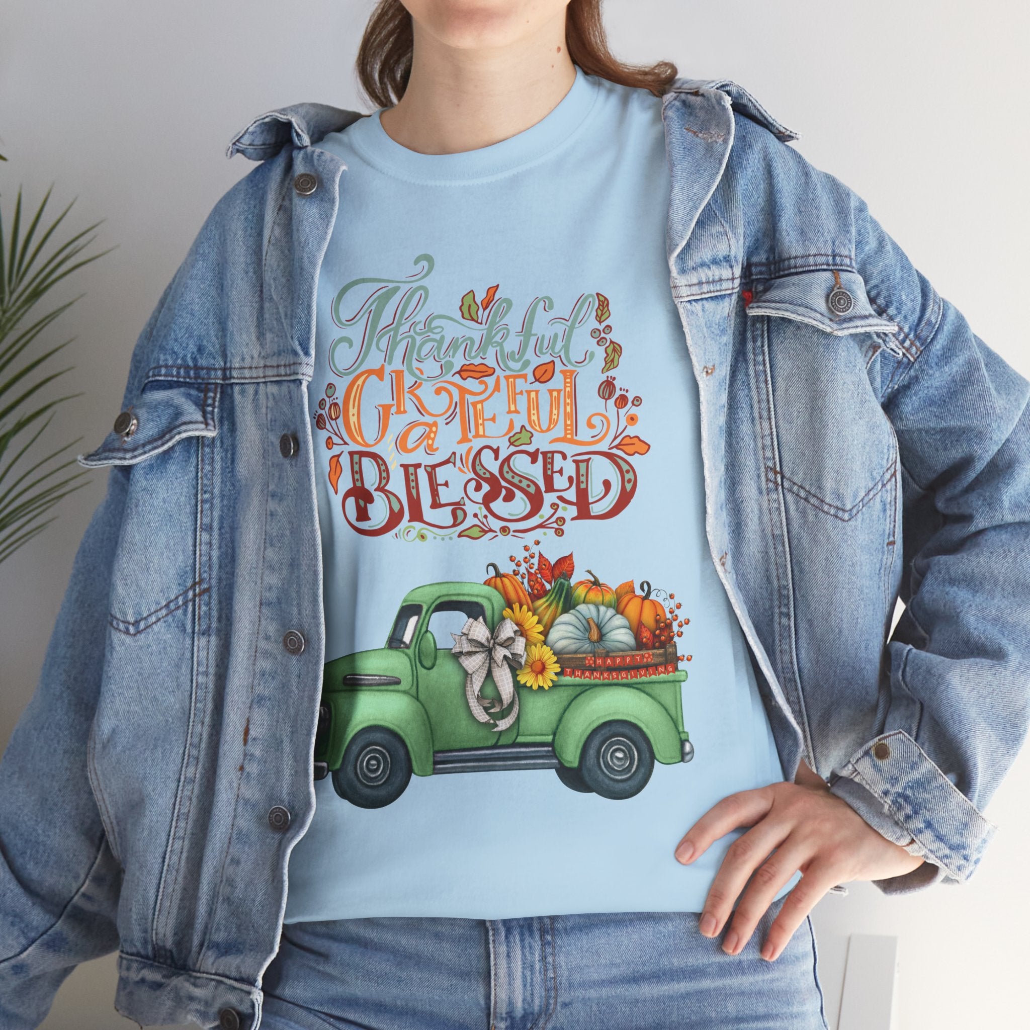 Thankful Grateful Blessed Tee, Unisex Heavy Cotton T-Shirt, Fall Apparel, Thanksgiving Shirt, Casual Wear, Gift for Friends