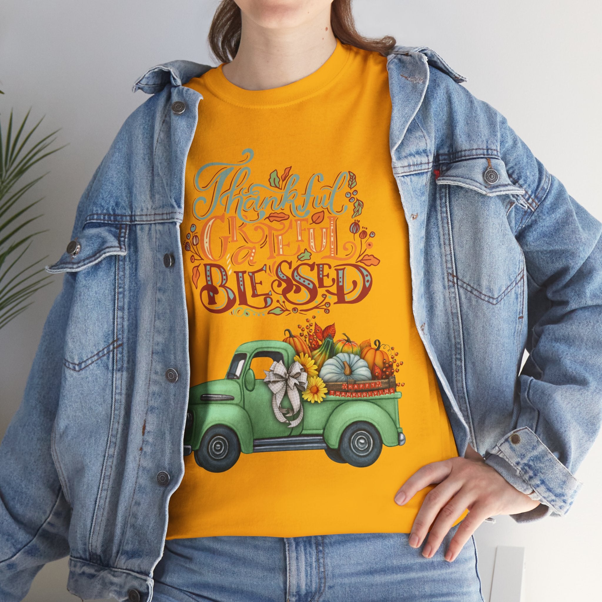 Thankful Grateful Blessed Tee, Unisex Heavy Cotton T-Shirt, Fall Apparel, Thanksgiving Shirt, Casual Wear, Gift for Friends