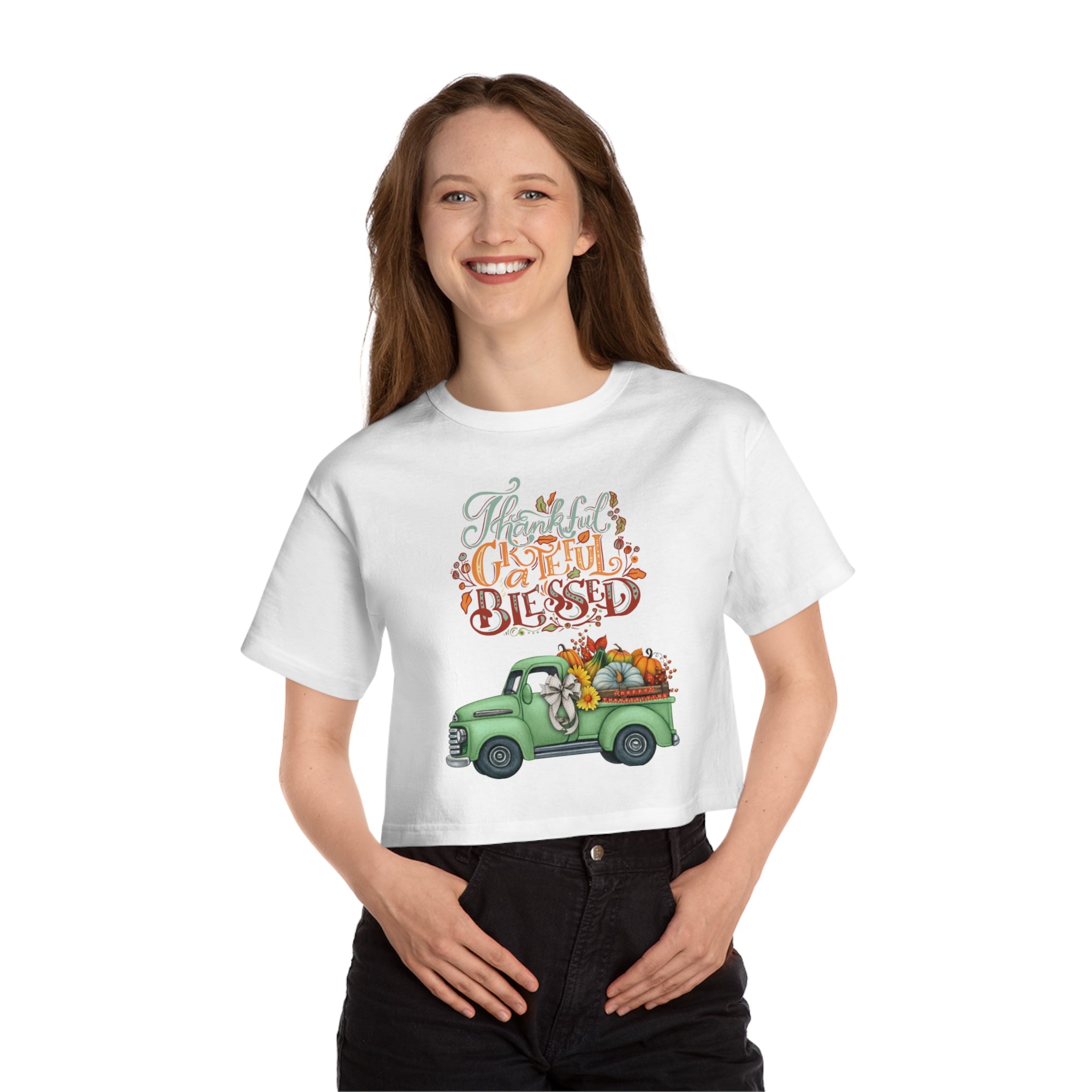 Thankful Grateful Blessed Cropped T-Shirt | Fall Fashion, Harvest Style, Gift for Women, Casual Chic, Autumn Apparel