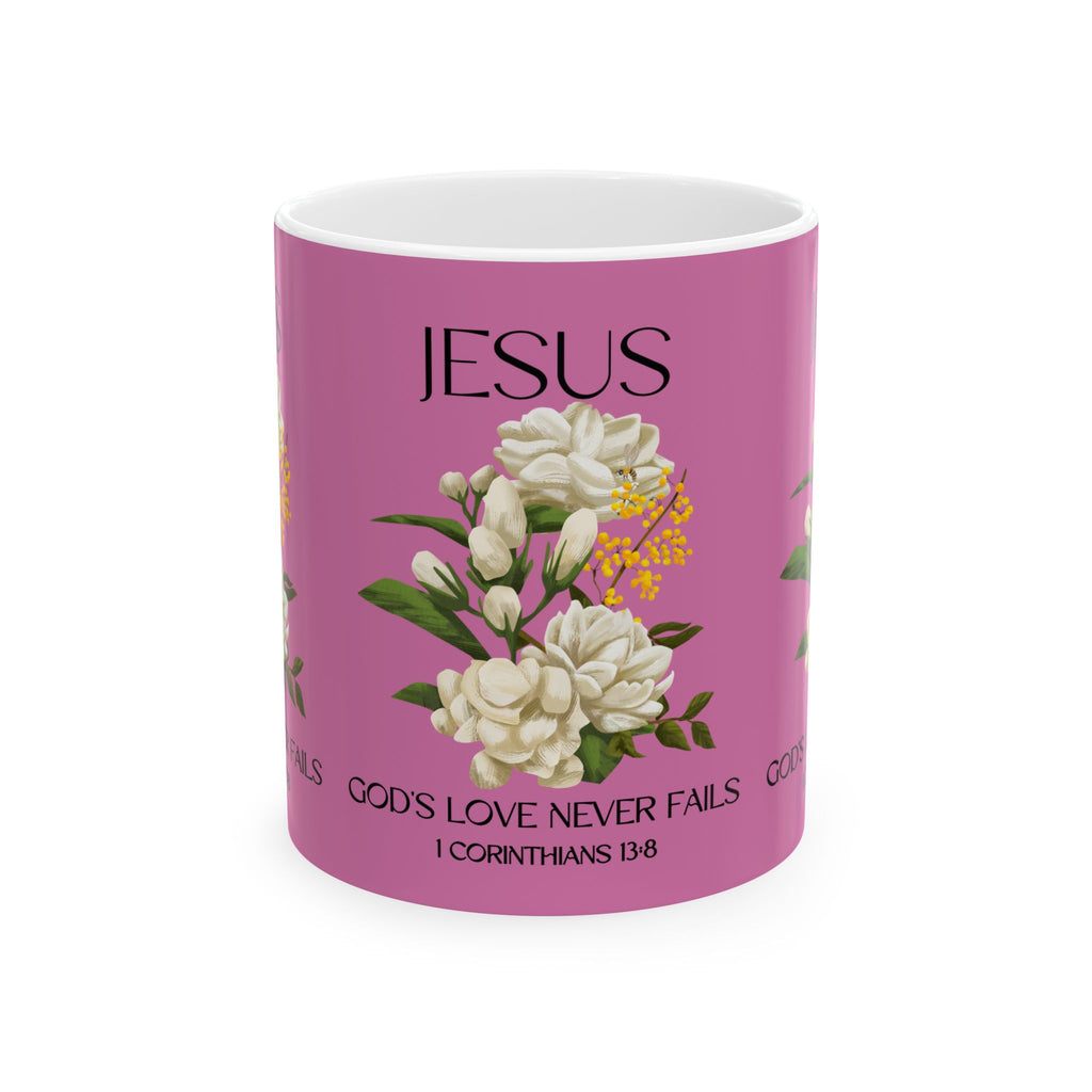 Jesus Inspirational Ceramic Mug 11 oz - God's Love Never Fails - Perfect for Every Occasion, Coffee Lovers Gift, Christian Encouragement, Floral